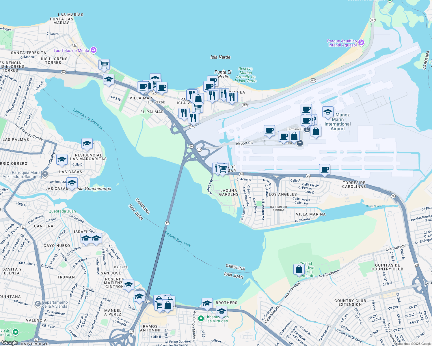 map of restaurants, bars, coffee shops, grocery stores, and more near 2 Avenida Laguna in Carolina