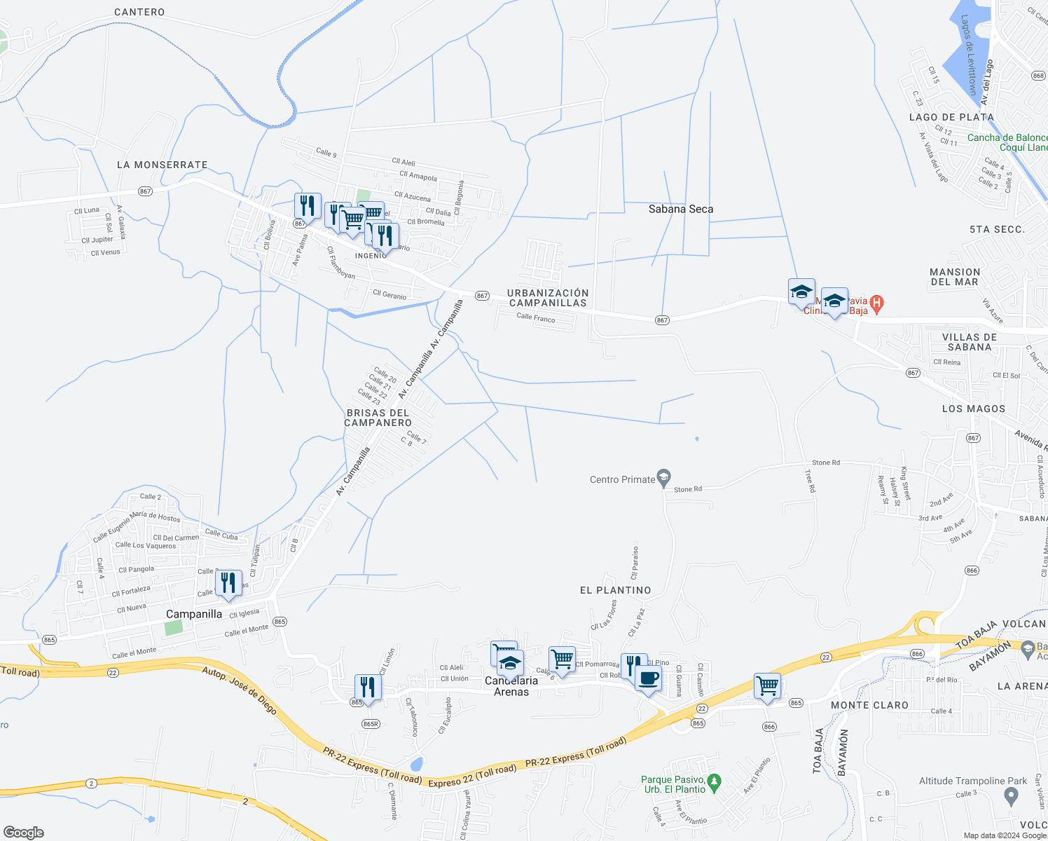 map of restaurants, bars, coffee shops, grocery stores, and more near Calle Amatista in Toa Baja
