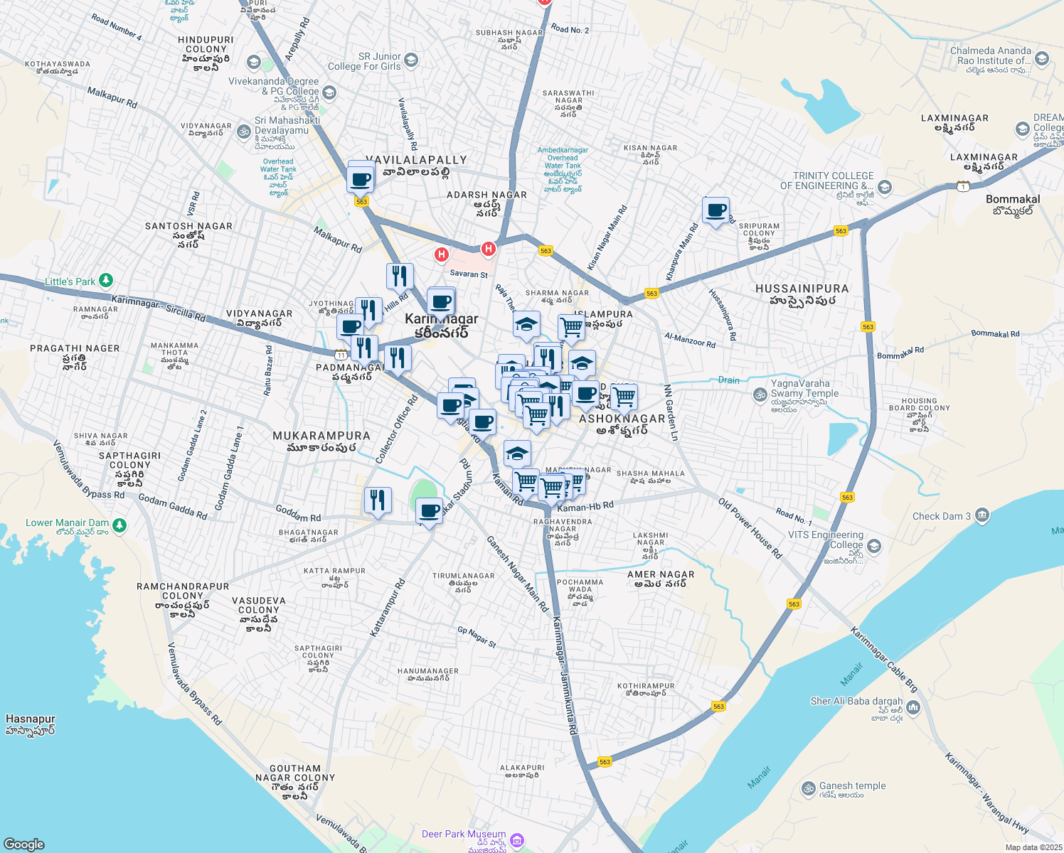 map of restaurants, bars, coffee shops, grocery stores, and more near Shastri Road in Karimnagar