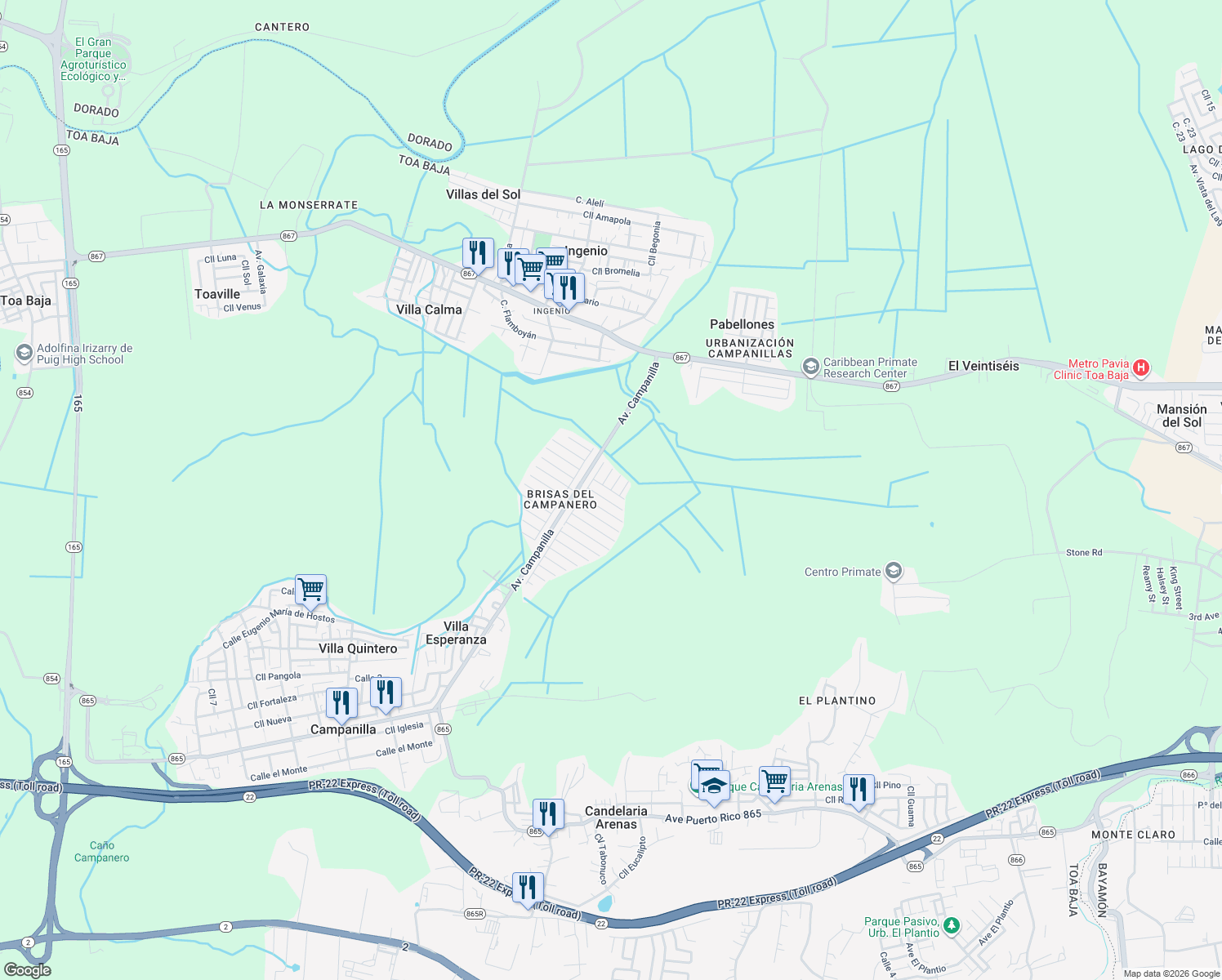 map of restaurants, bars, coffee shops, grocery stores, and more near Calle Amatista in Sabana Seca