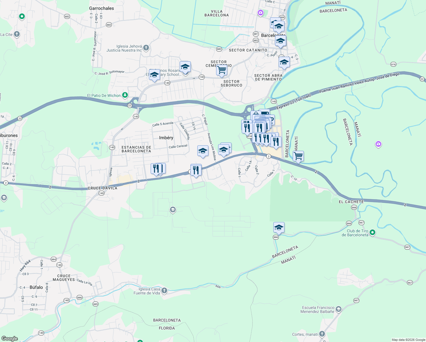 map of restaurants, bars, coffee shops, grocery stores, and more near Puerto Rico 2 in Barceloneta