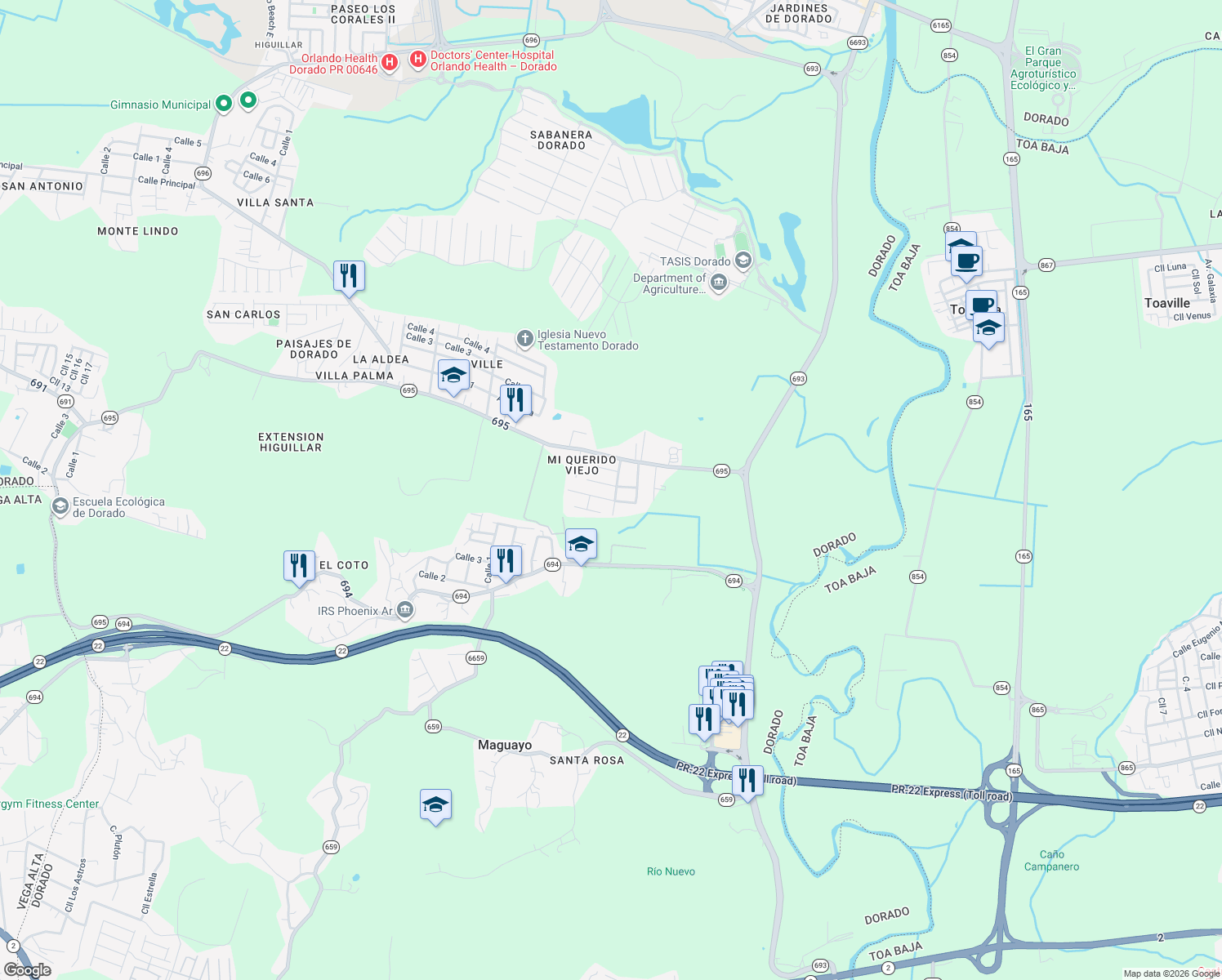 map of restaurants, bars, coffee shops, grocery stores, and more near in Dorado