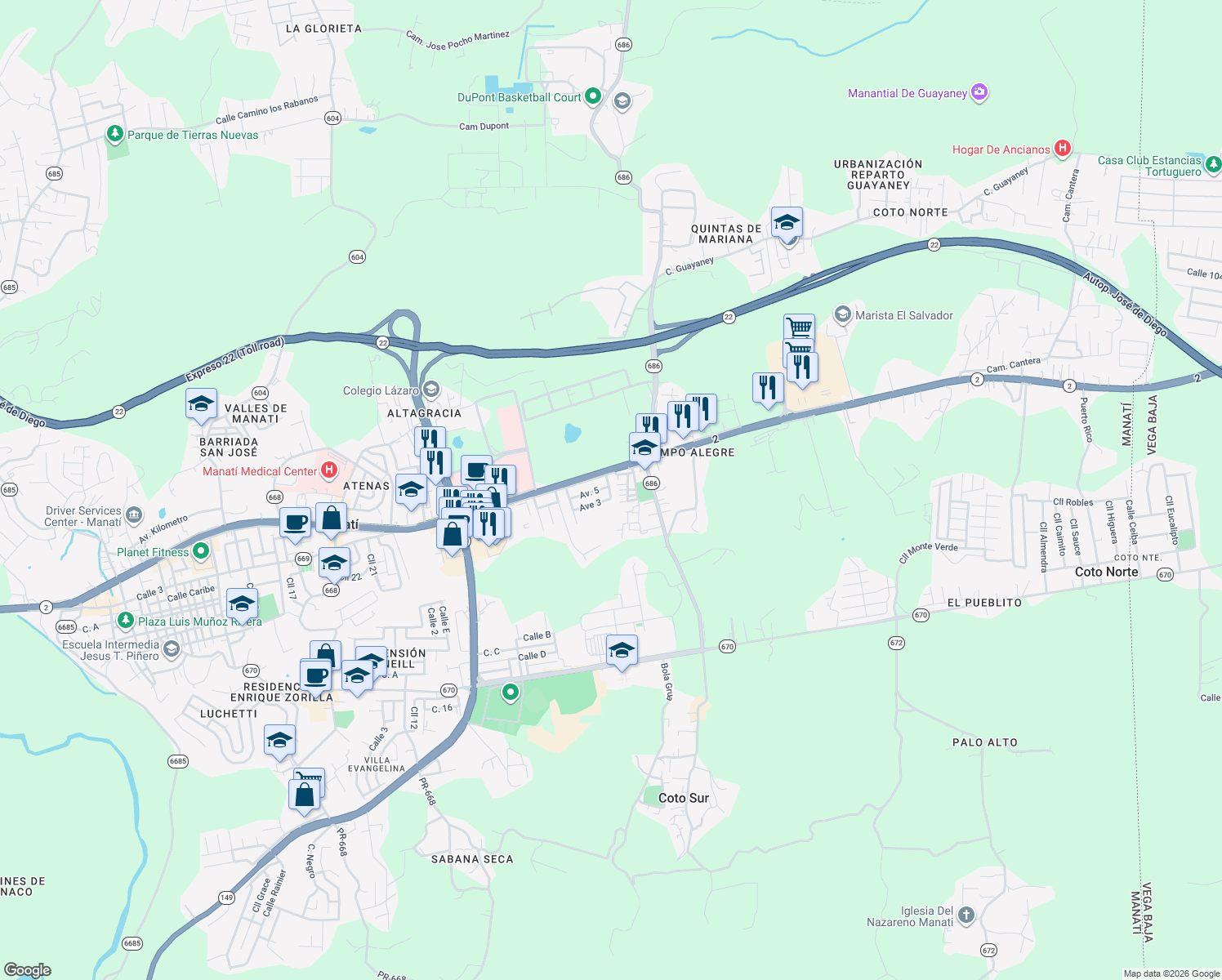 map of restaurants, bars, coffee shops, grocery stores, and more near Avenue 3 in Manatí