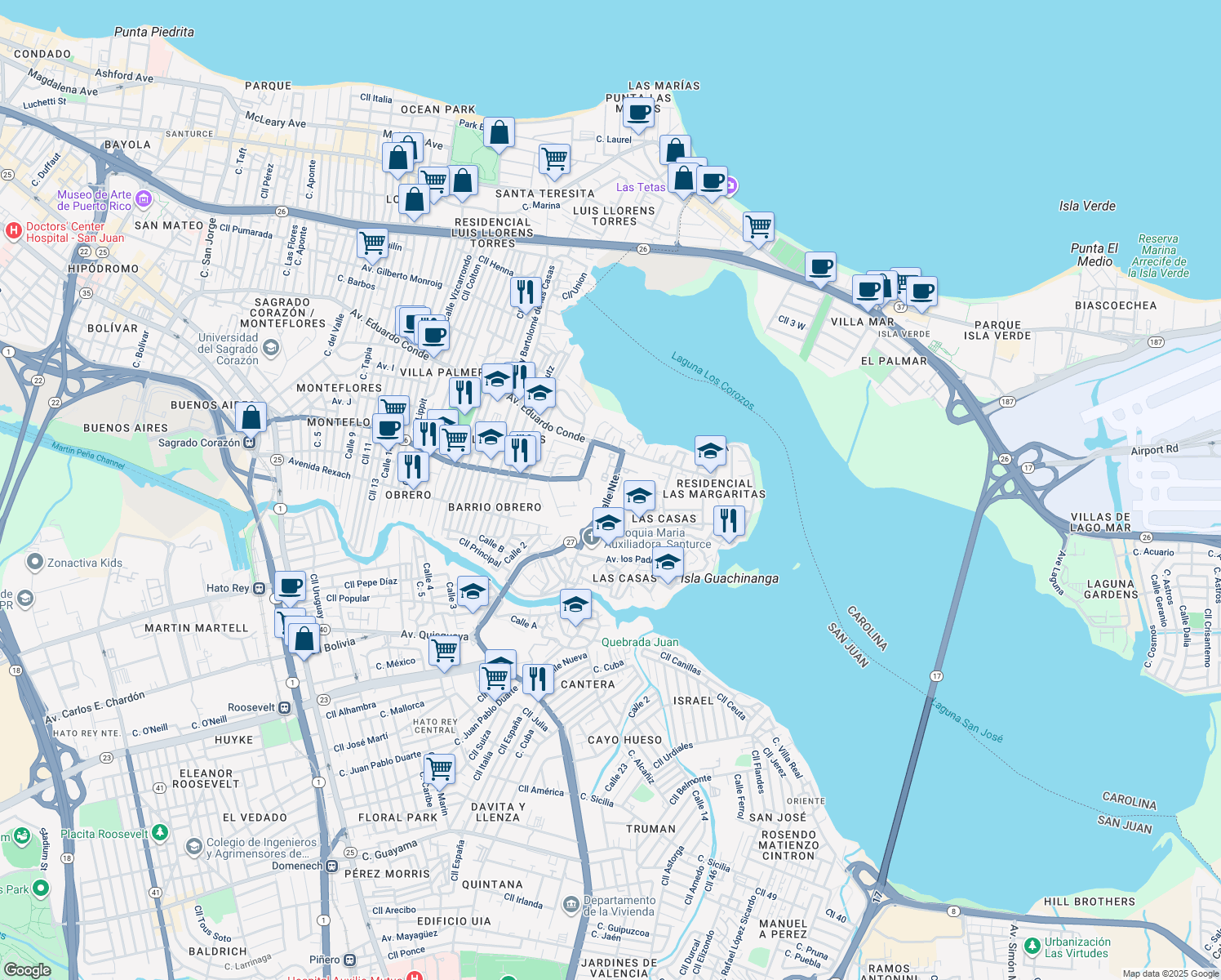 map of restaurants, bars, coffee shops, grocery stores, and more near Calle Norte Sur in San Juan