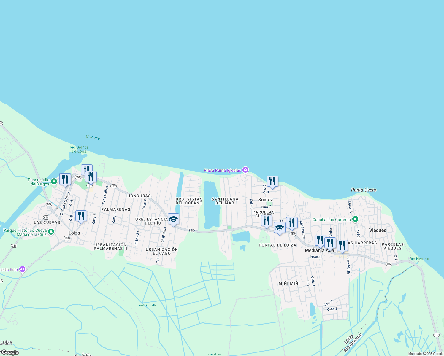 map of restaurants, bars, coffee shops, grocery stores, and more near 72 Calle Santillana in Río Grande