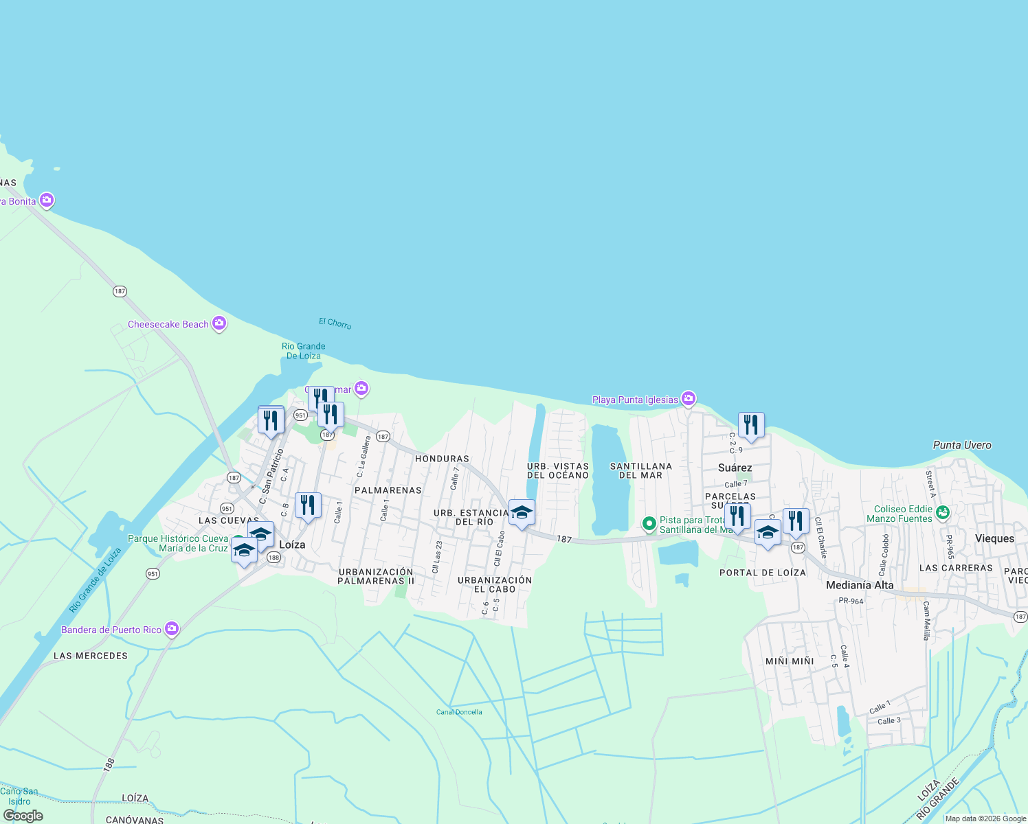 map of restaurants, bars, coffee shops, grocery stores, and more near in Medianía Baja