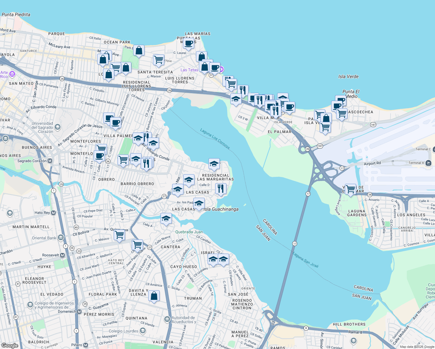 map of restaurants, bars, coffee shops, grocery stores, and more near in San Juan
