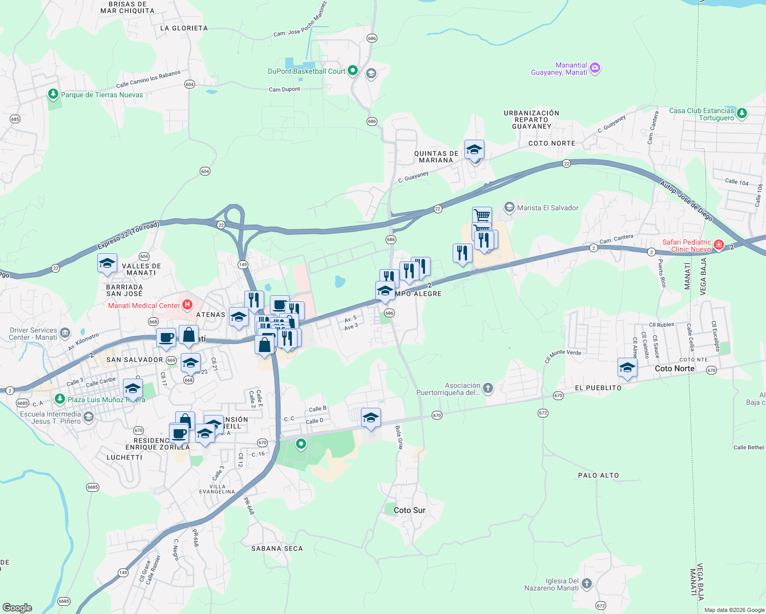 map of restaurants, bars, coffee shops, grocery stores, and more near in Manatí