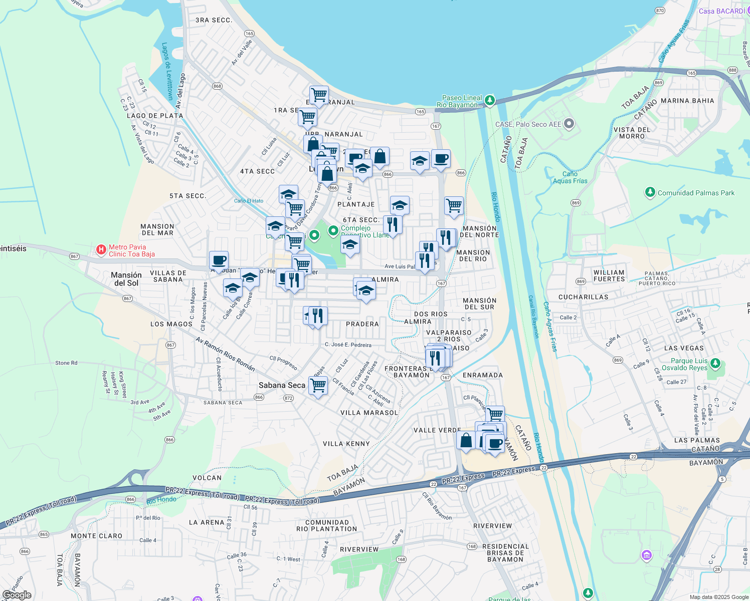 map of restaurants, bars, coffee shops, grocery stores, and more near Avenue Amalia Paoli in Toa Baja