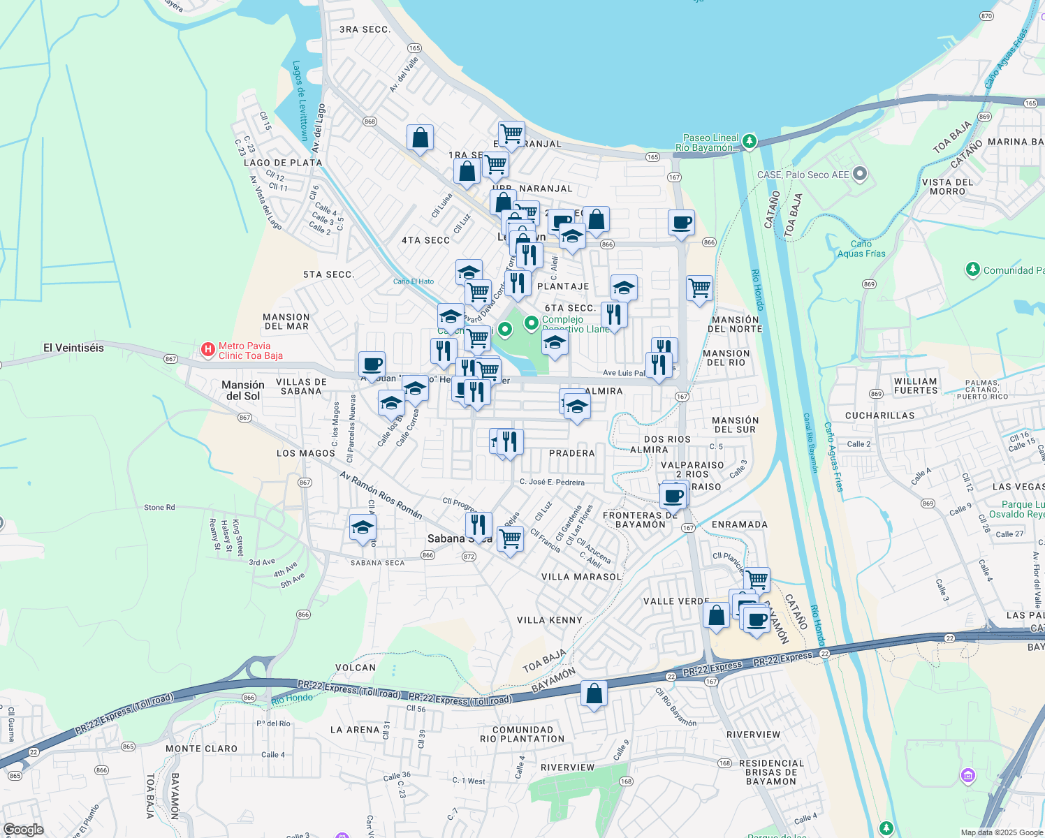 map of restaurants, bars, coffee shops, grocery stores, and more near Avenue Amalia Paoli in Toa Baja
