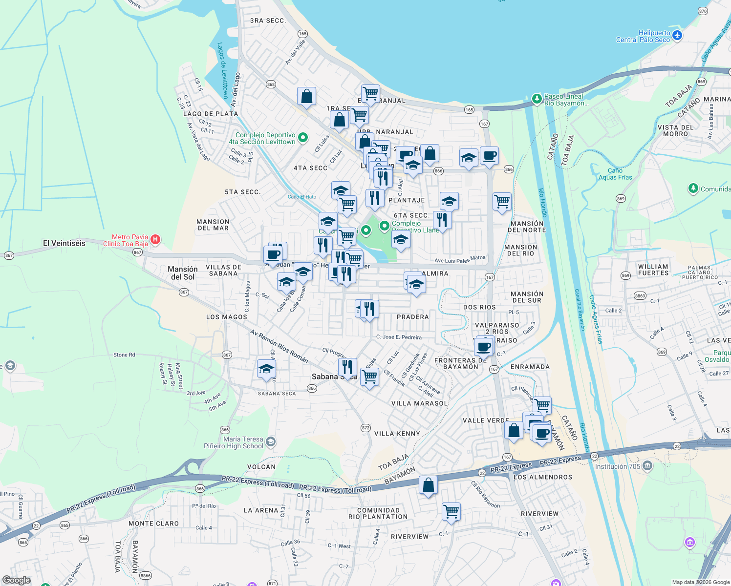 map of restaurants, bars, coffee shops, grocery stores, and more near Calle Aurelio Dueño in Toa Baja