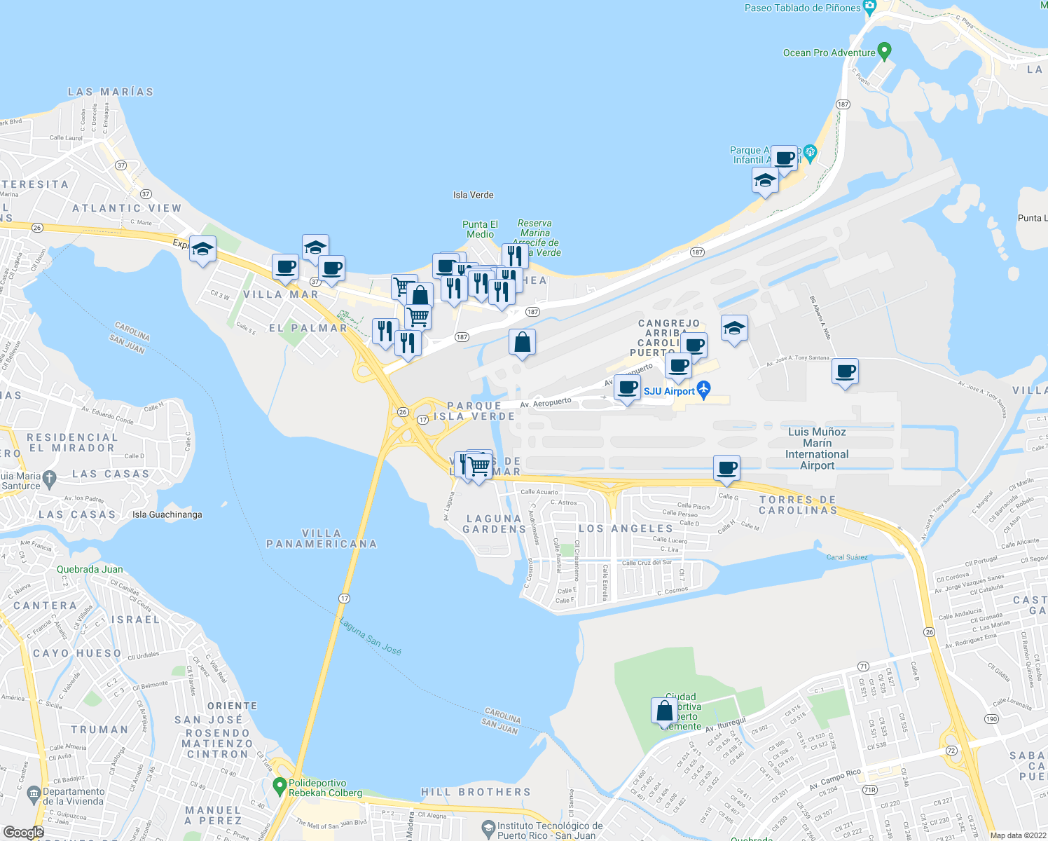 map of restaurants, bars, coffee shops, grocery stores, and more near Puente Teodoro Moscoso in Carolina