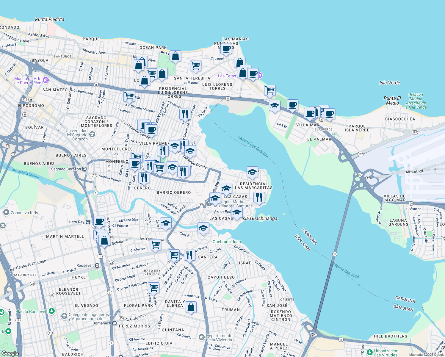 map of restaurants, bars, coffee shops, grocery stores, and more near Calle Norte Sur in San Juan