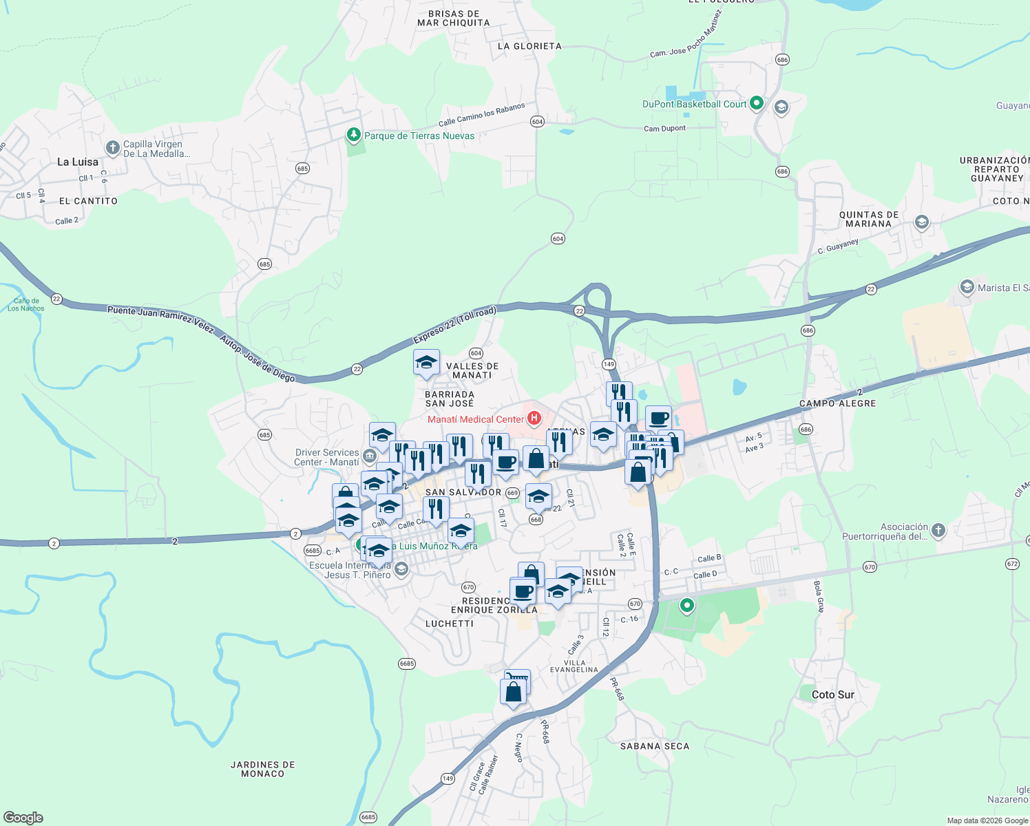map of restaurants, bars, coffee shops, grocery stores, and more near Calle Francisco Vega Jimenez in Manatí