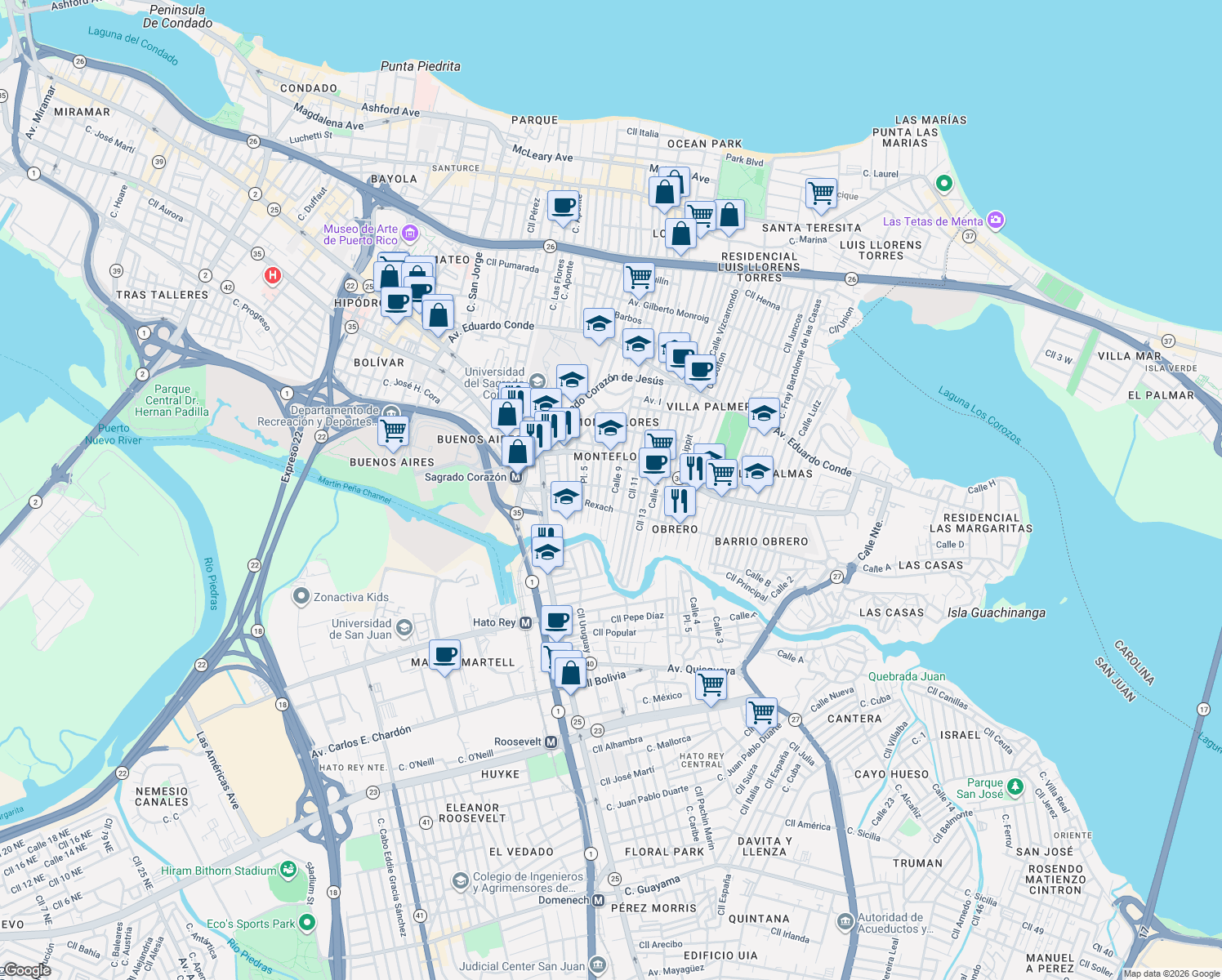 map of restaurants, bars, coffee shops, grocery stores, and more near in San Juan