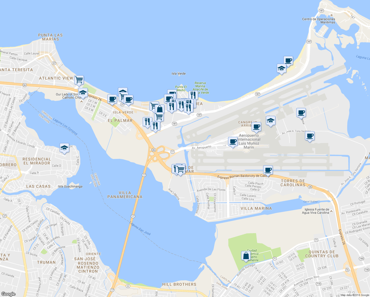 map of restaurants, bars, coffee shops, grocery stores, and more near Puente Teodoro Moscoso in Carolina
