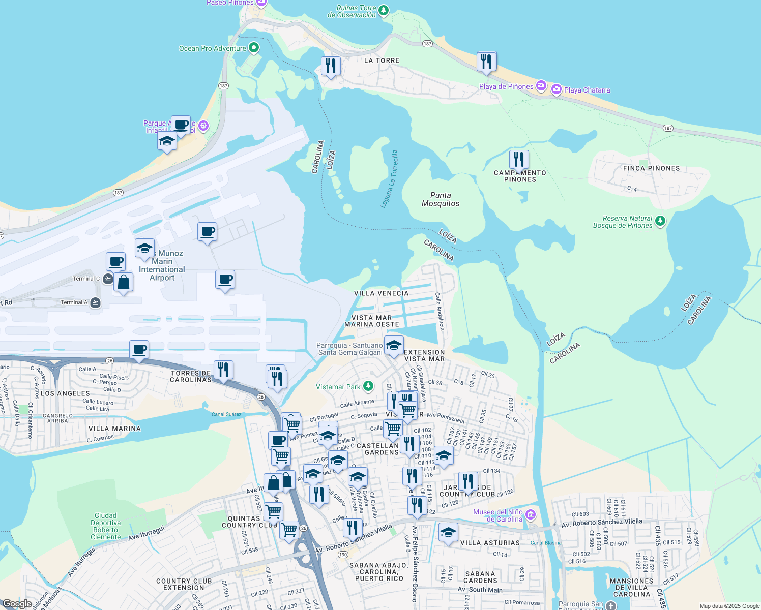 map of restaurants, bars, coffee shops, grocery stores, and more near in Carolina