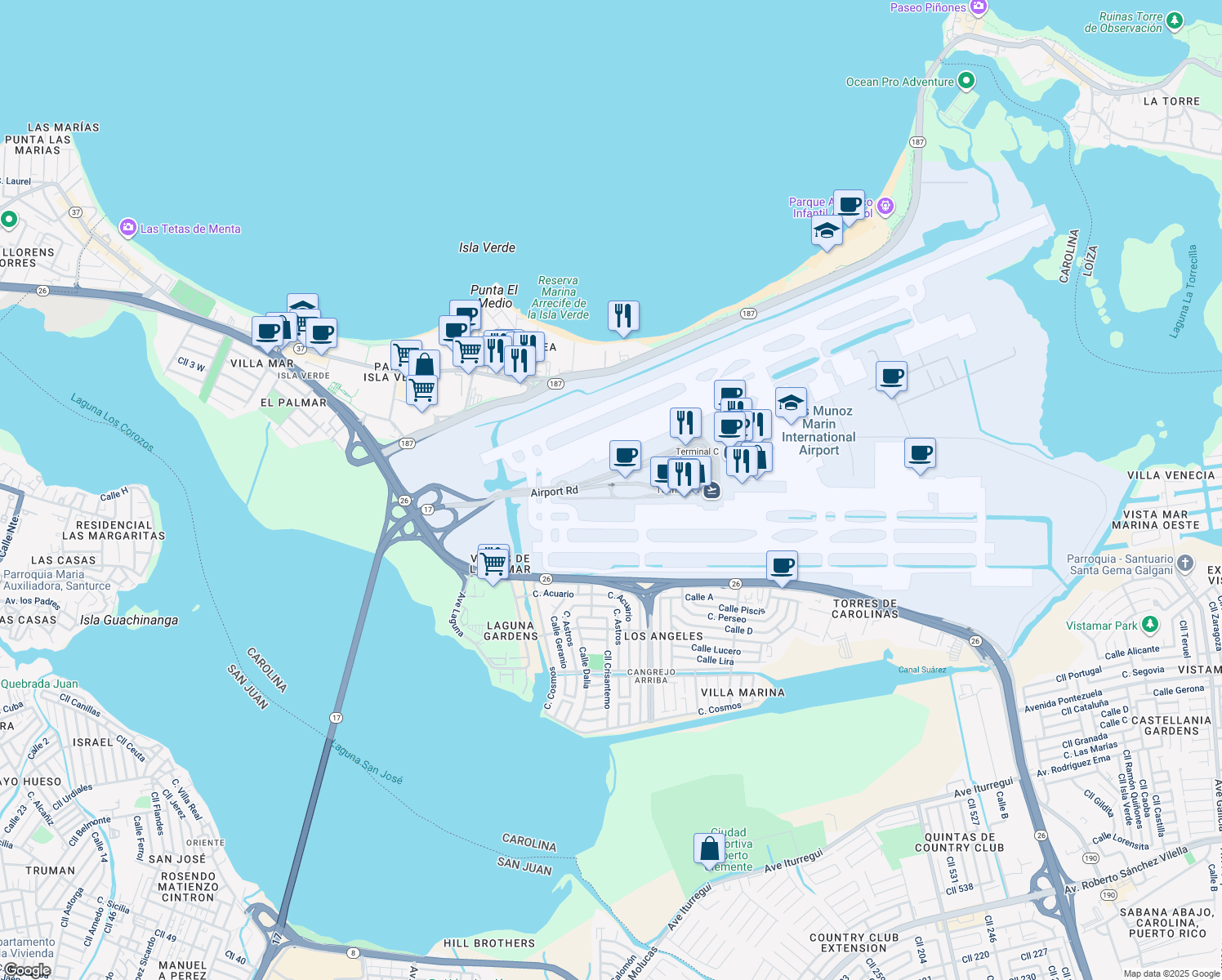 map of restaurants, bars, coffee shops, grocery stores, and more near in Carolina
