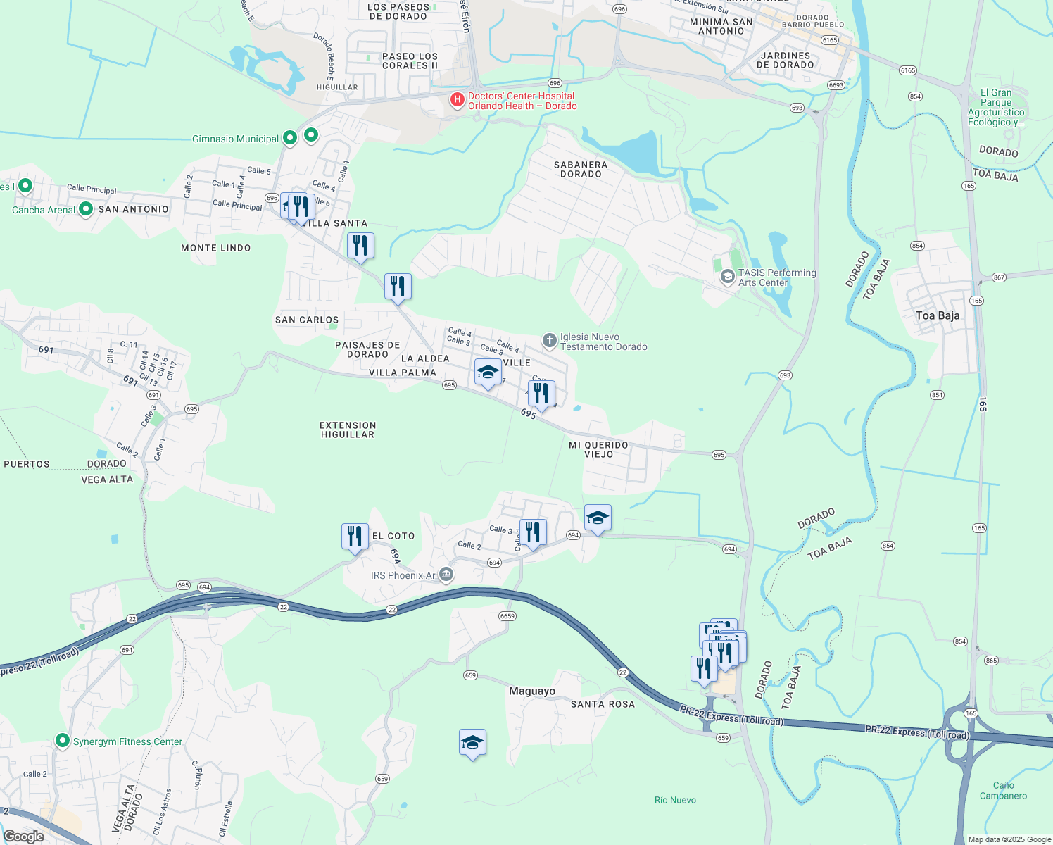 map of restaurants, bars, coffee shops, grocery stores, and more near 8 Calle 2 in Dorado