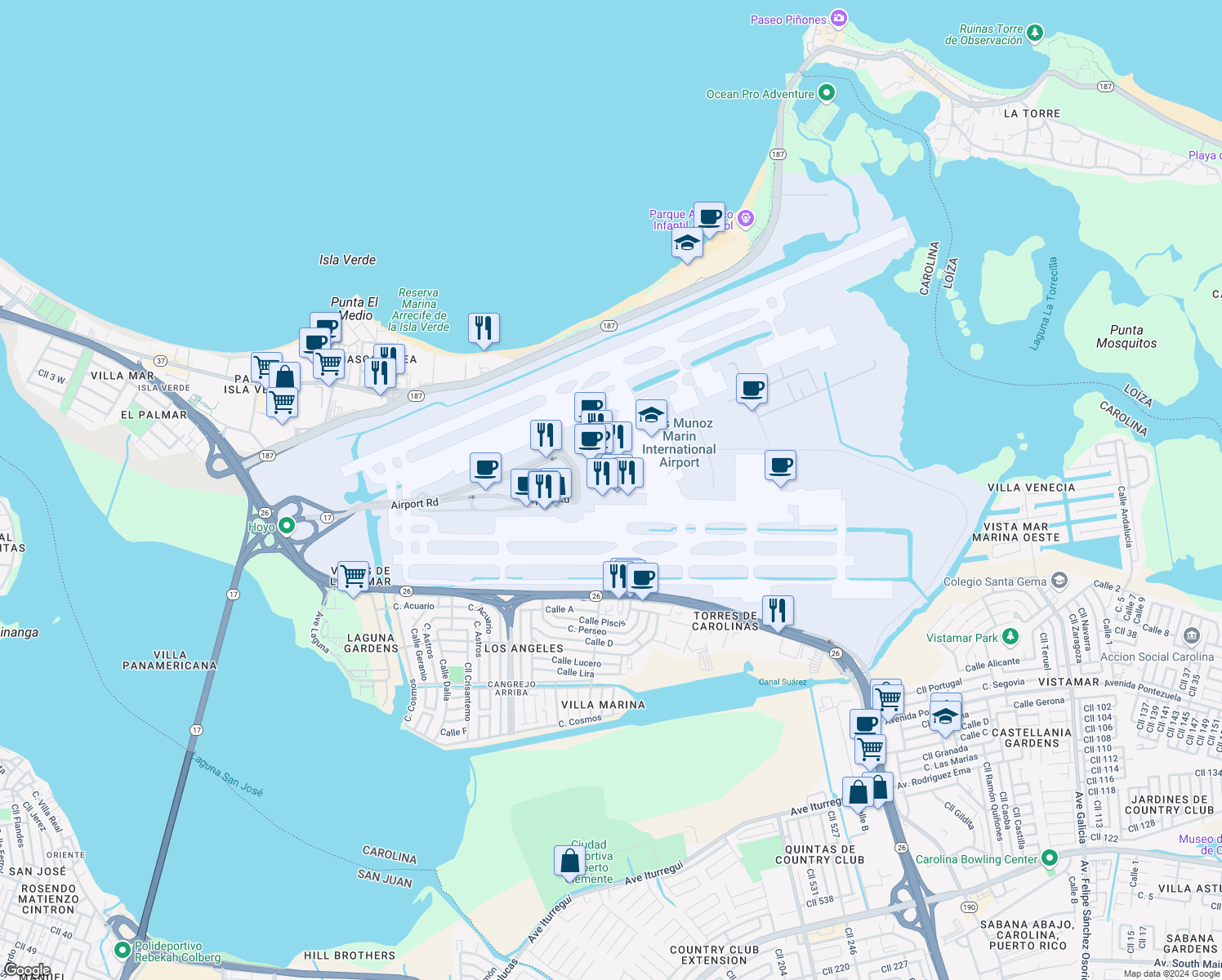 map of restaurants, bars, coffee shops, grocery stores, and more near in Carolina