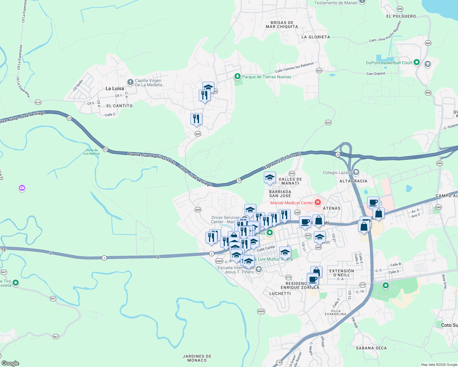 map of restaurants, bars, coffee shops, grocery stores, and more near Interstate PR2 in Manatí