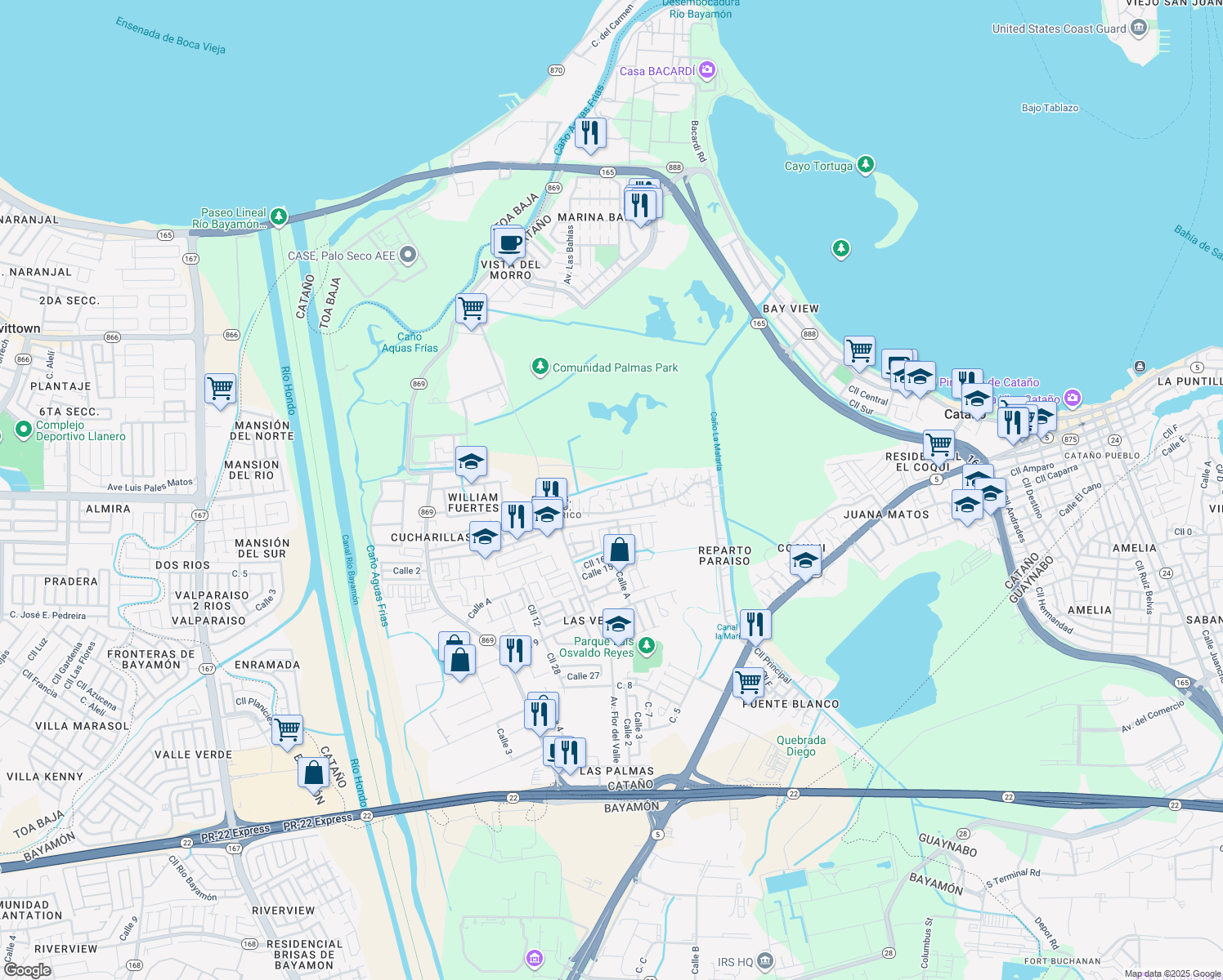 map of restaurants, bars, coffee shops, grocery stores, and more near 18 Calle Reina in Catano