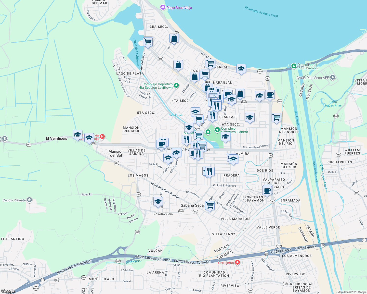 map of restaurants, bars, coffee shops, grocery stores, and more near Calle Dr Emigdio Antique in Toa Baja