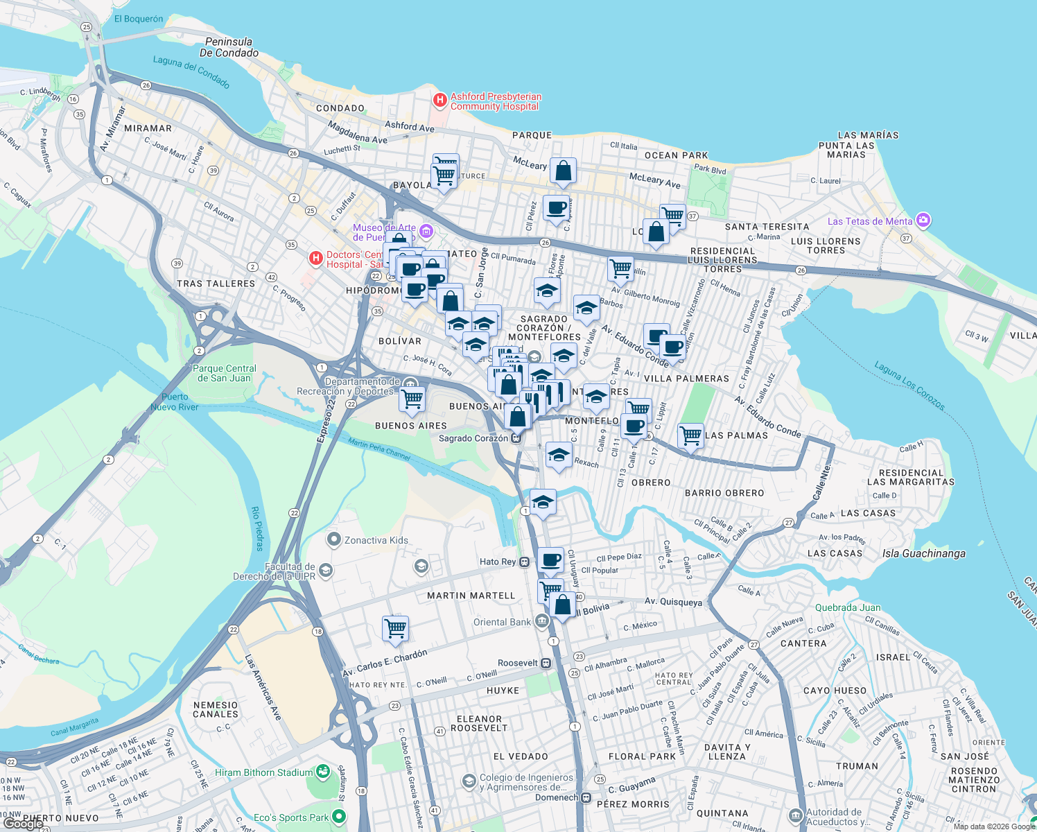 map of restaurants, bars, coffee shops, grocery stores, and more near 1900 Avenida de la Constitución in San Juan