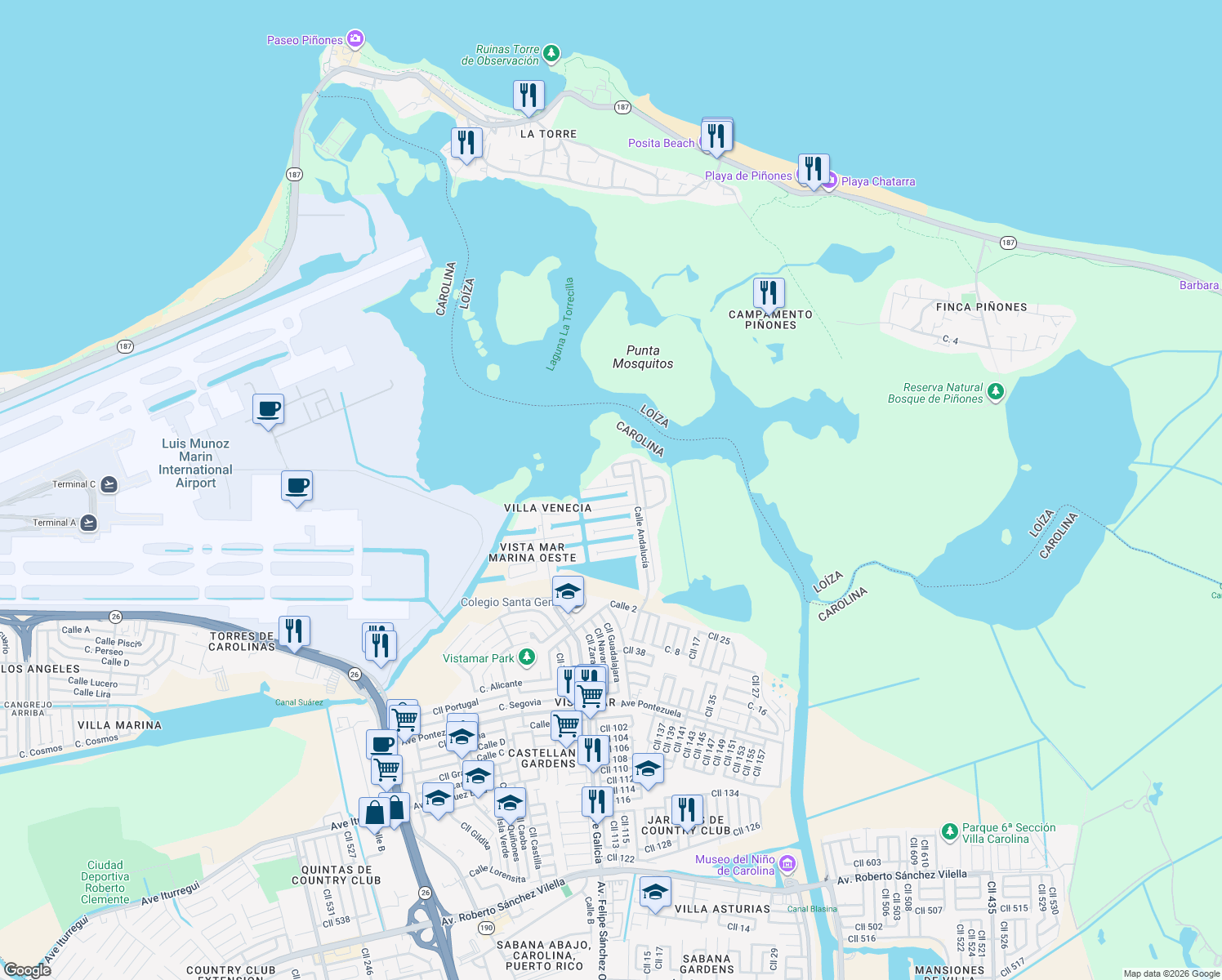 map of restaurants, bars, coffee shops, grocery stores, and more near Calle Sevilla in Carolina