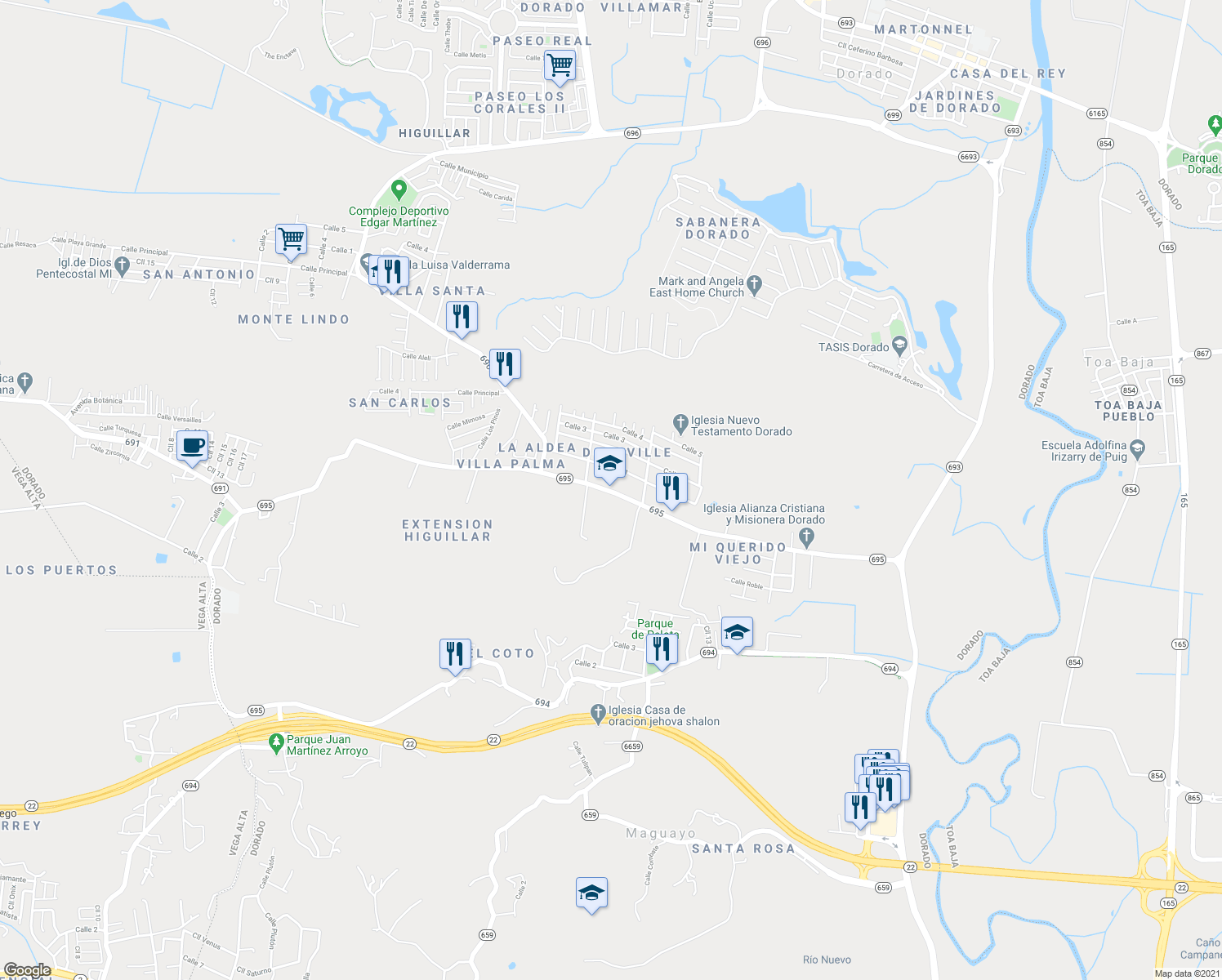 map of restaurants, bars, coffee shops, grocery stores, and more near 4 Puerto Rico 695 in Dorado