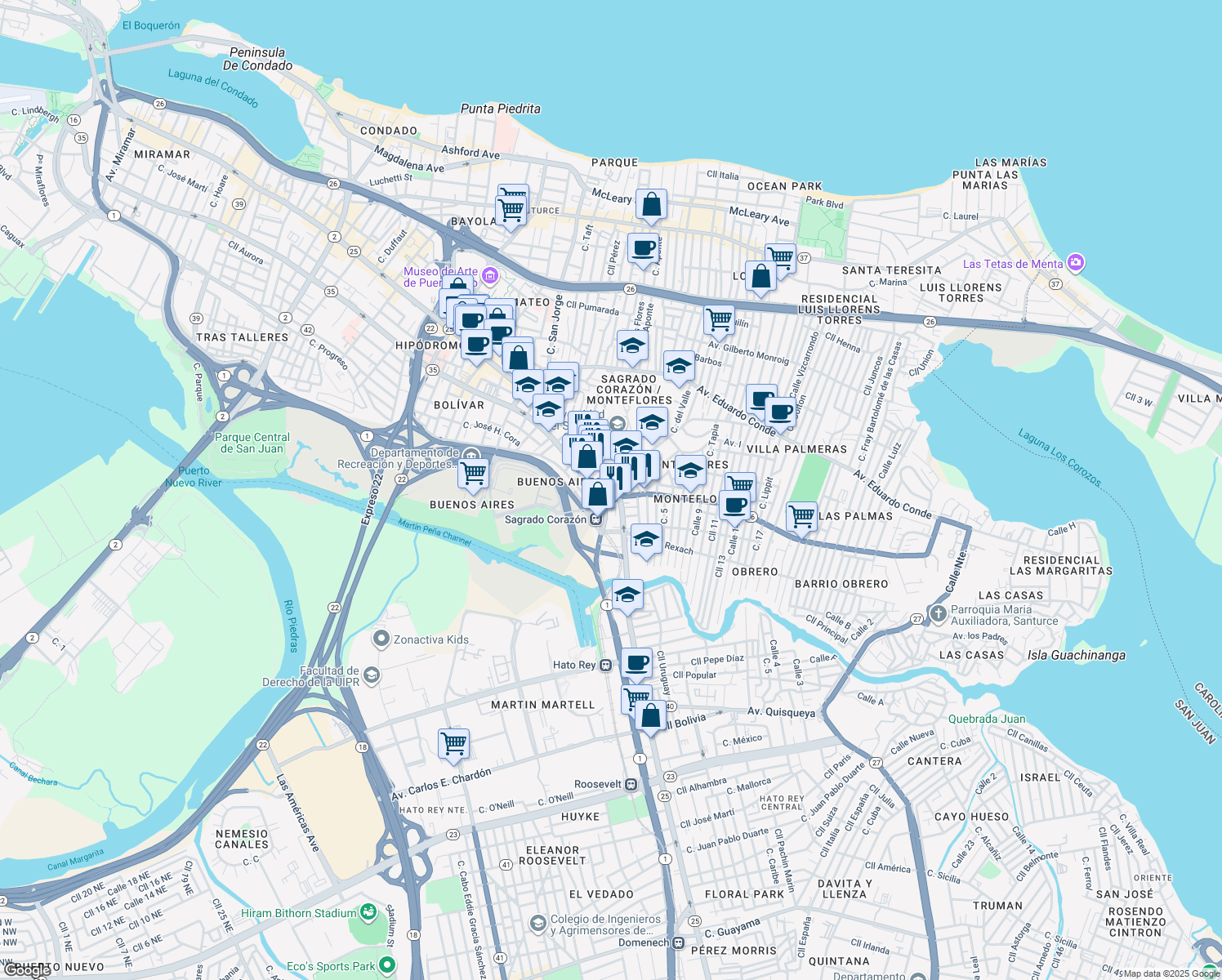 map of restaurants, bars, coffee shops, grocery stores, and more near 1900 Avenida de la Constitución in San Juan