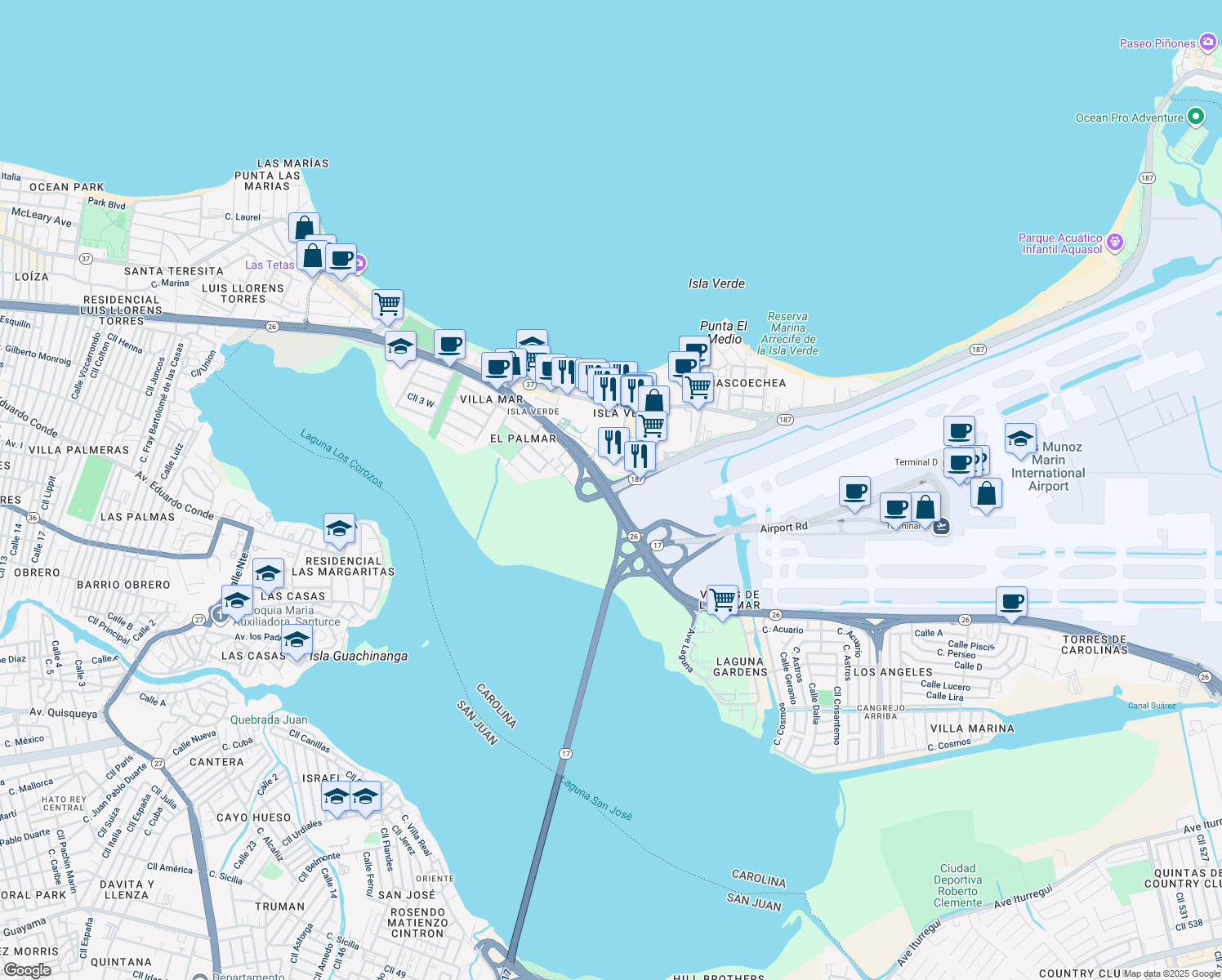 map of restaurants, bars, coffee shops, grocery stores, and more near Interstate PR3 in Carolina