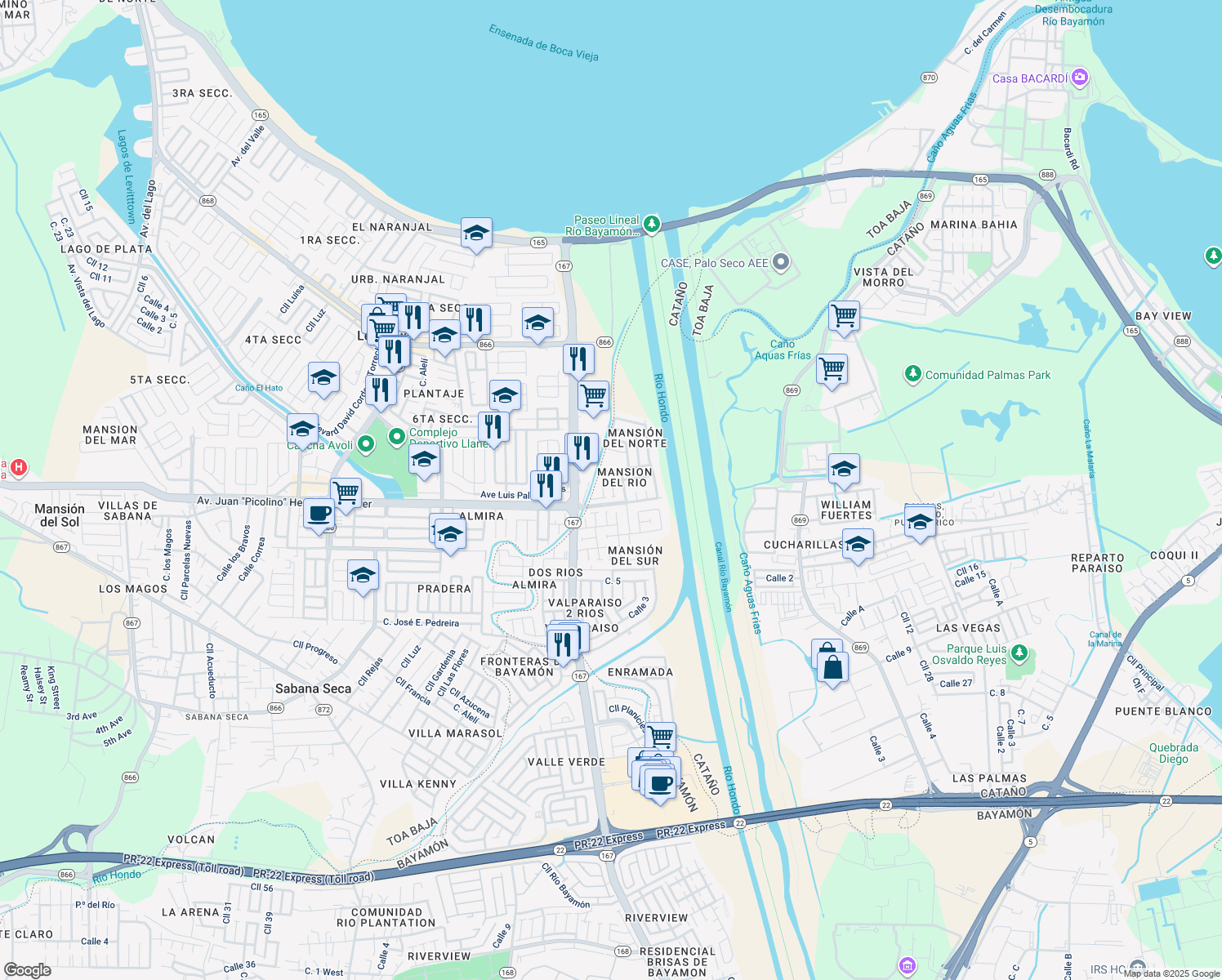 map of restaurants, bars, coffee shops, grocery stores, and more near Cll Plaza 2 in Toa Baja
