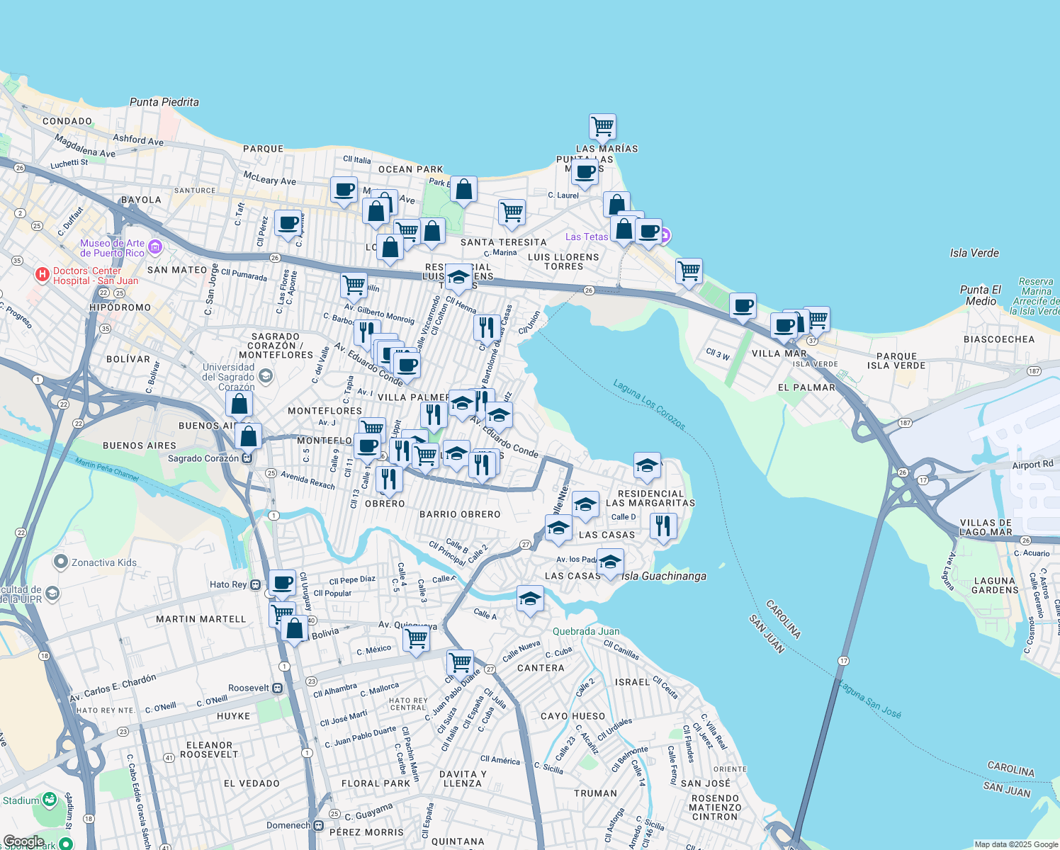 map of restaurants, bars, coffee shops, grocery stores, and more near in San Juan