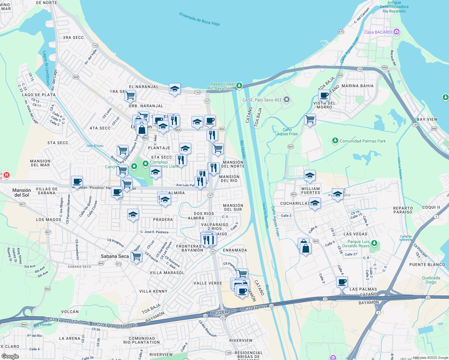 map of restaurants, bars, coffee shops, grocery stores, and more near Calle Plaza 2 in Cataño