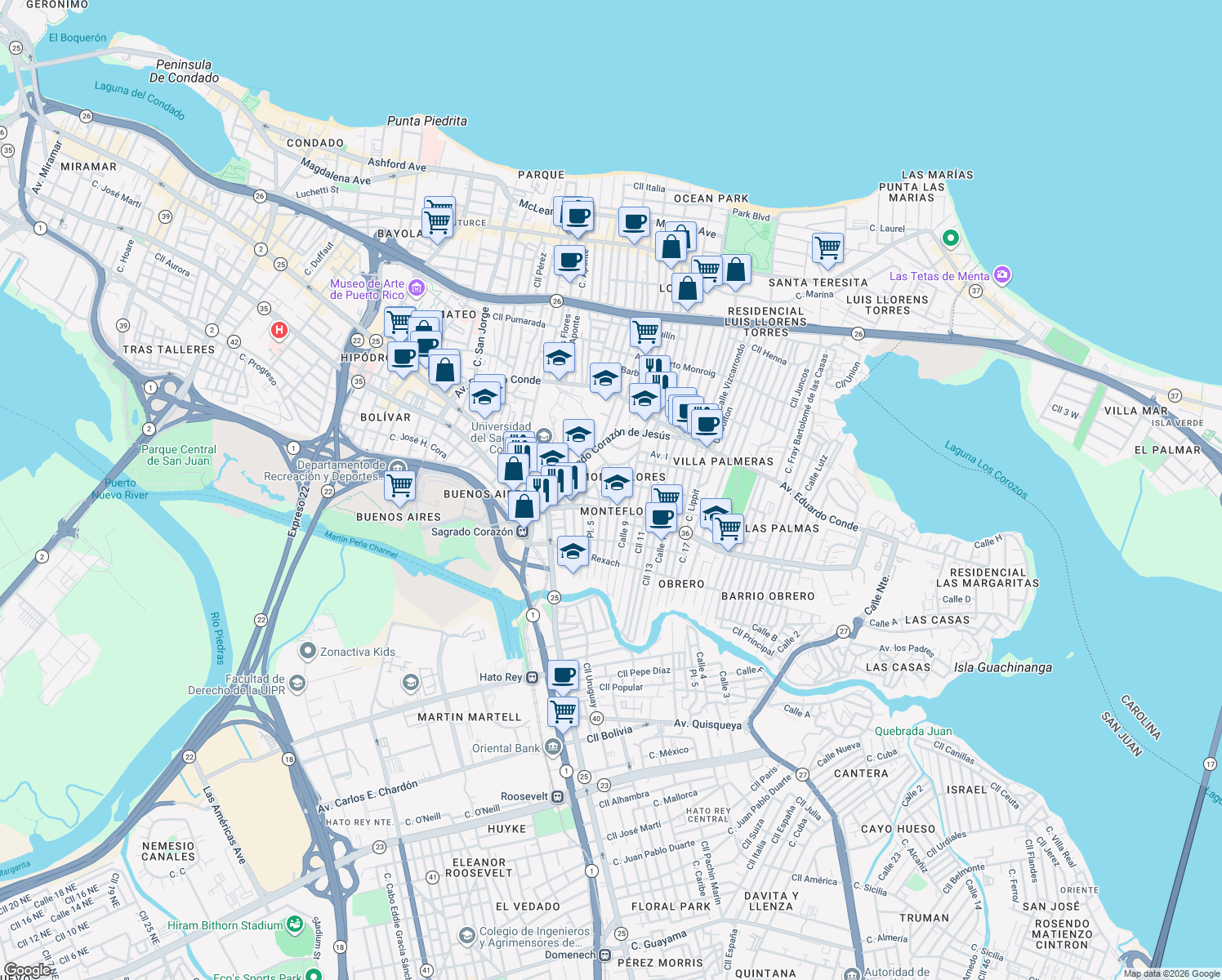 map of restaurants, bars, coffee shops, grocery stores, and more near in San Juan