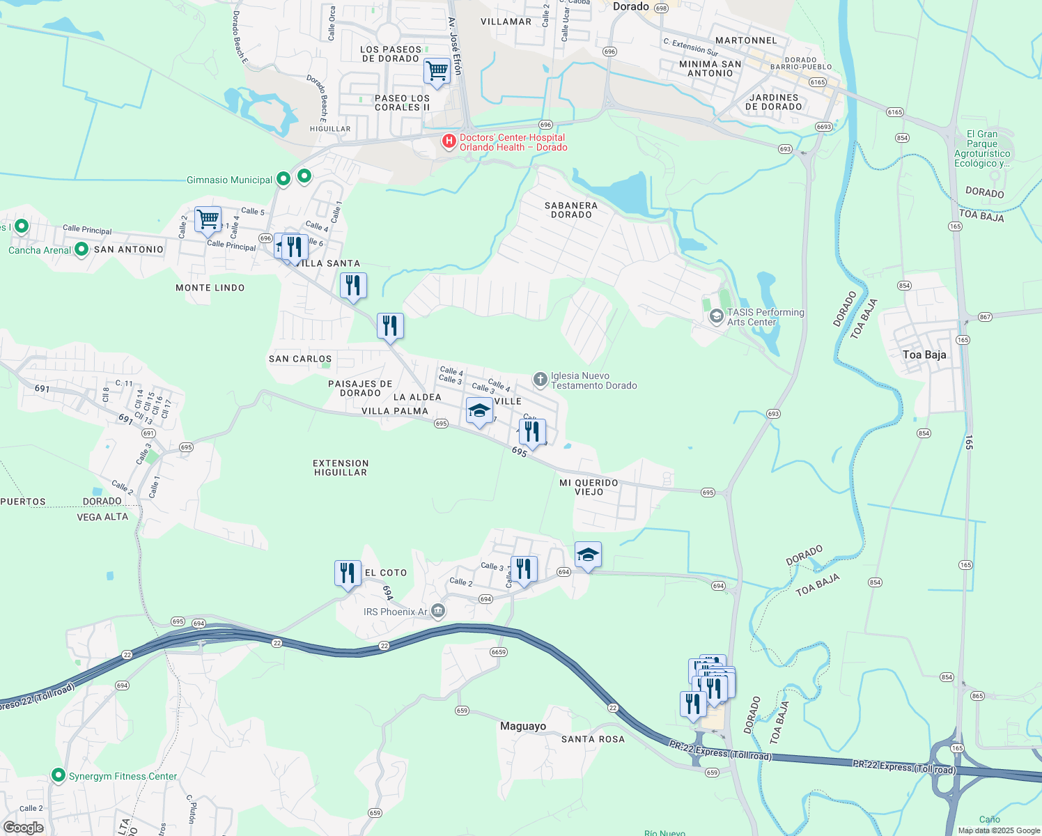 map of restaurants, bars, coffee shops, grocery stores, and more near 8 Calle 2 in Dorado