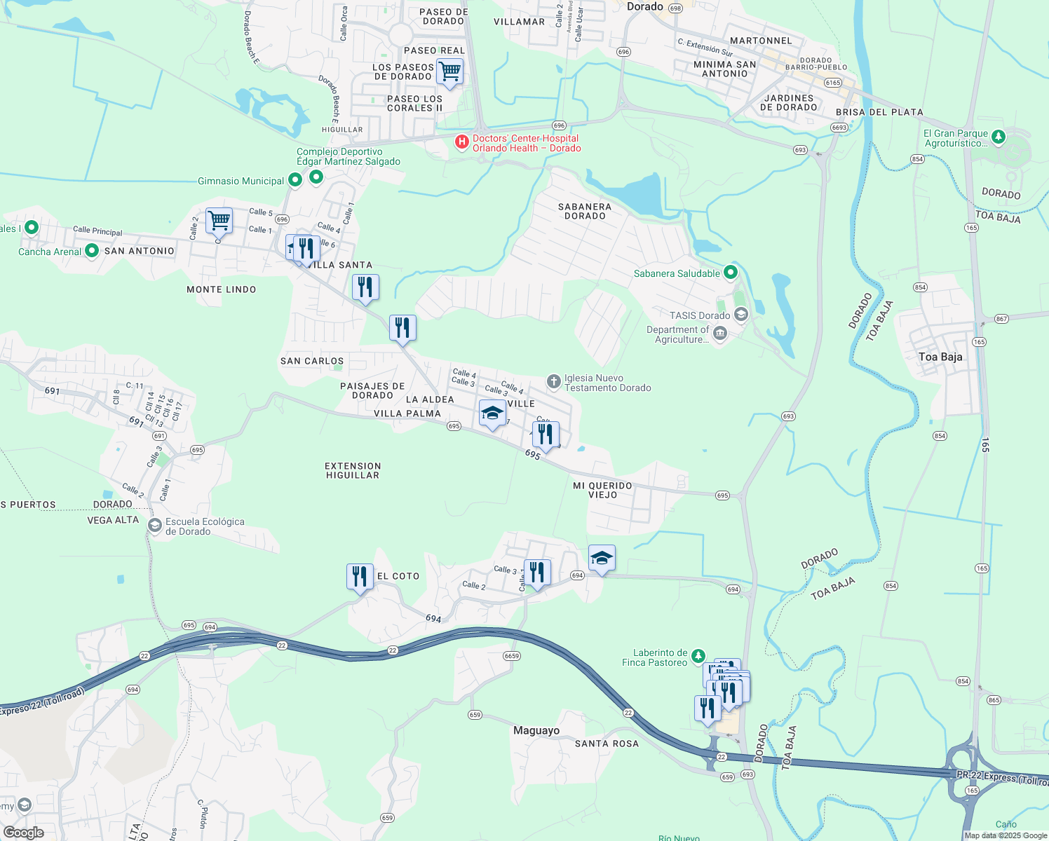 map of restaurants, bars, coffee shops, grocery stores, and more near 12 Calle 2 in Dorado