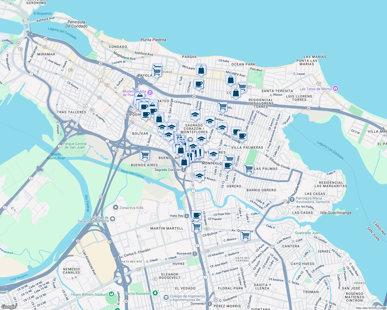 map of restaurants, bars, coffee shops, grocery stores, and more near in San Juan