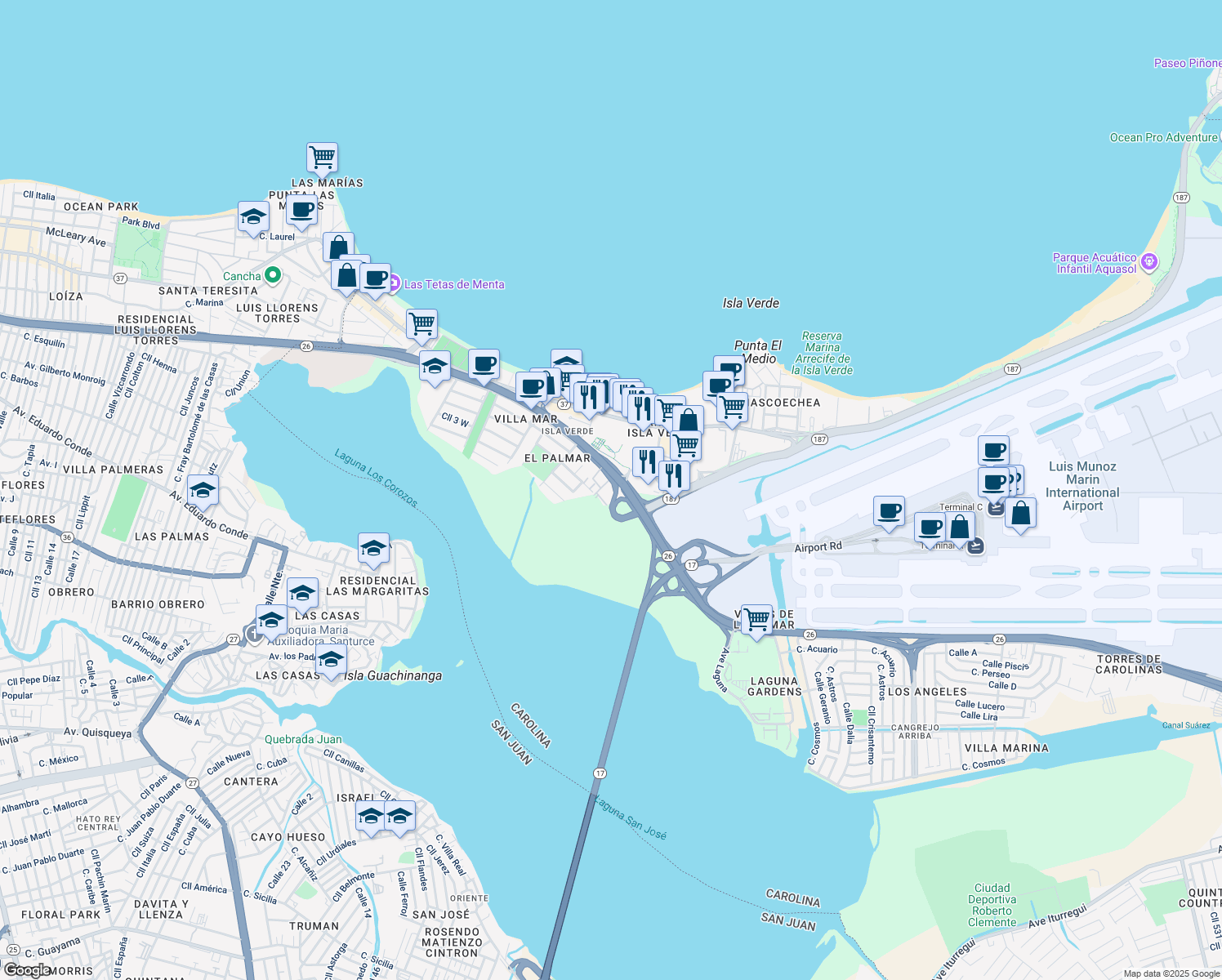 map of restaurants, bars, coffee shops, grocery stores, and more near Interstate PR3 in Carolina