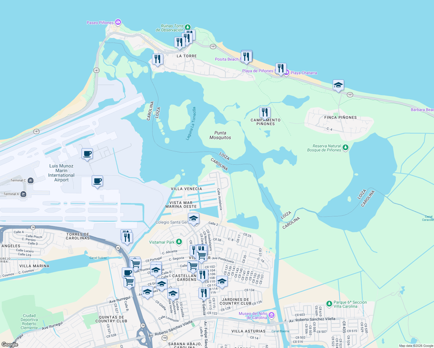 map of restaurants, bars, coffee shops, grocery stores, and more near Cll Andalucia in Carolina
