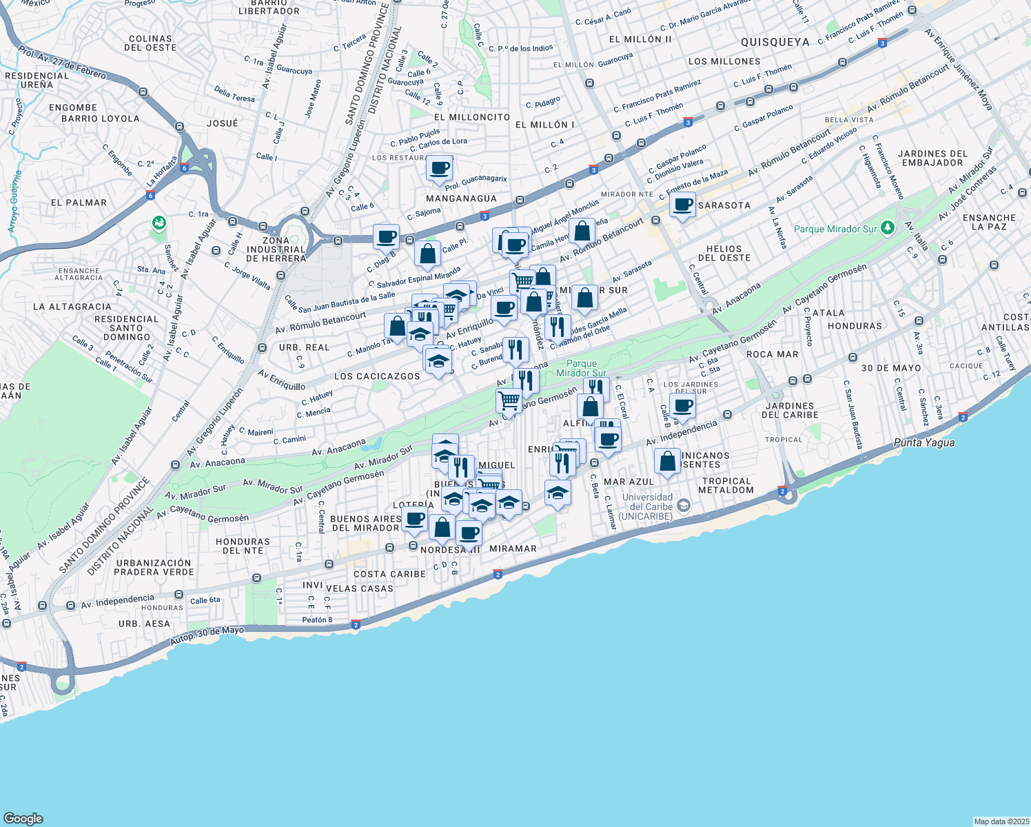 map of restaurants, bars, coffee shops, grocery stores, and more near Avenida Cayetano Germosen in Santo Domingo