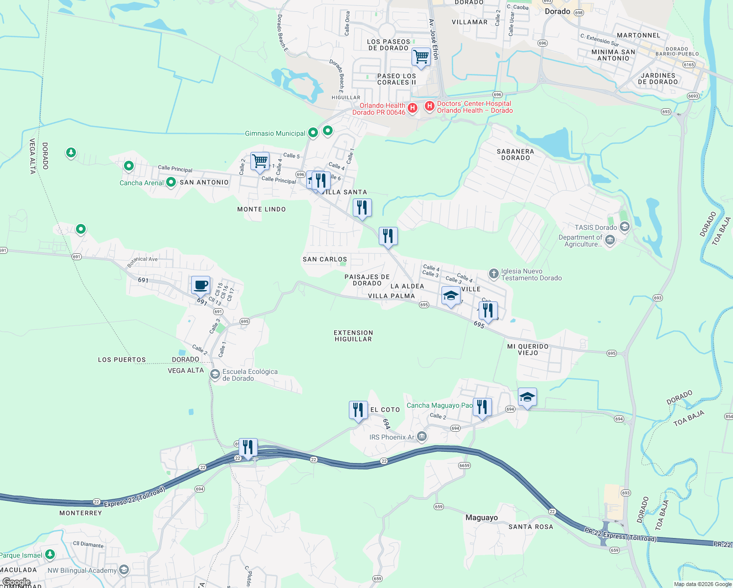 map of restaurants, bars, coffee shops, grocery stores, and more near 4 Puerto Rico 695 in Dorado