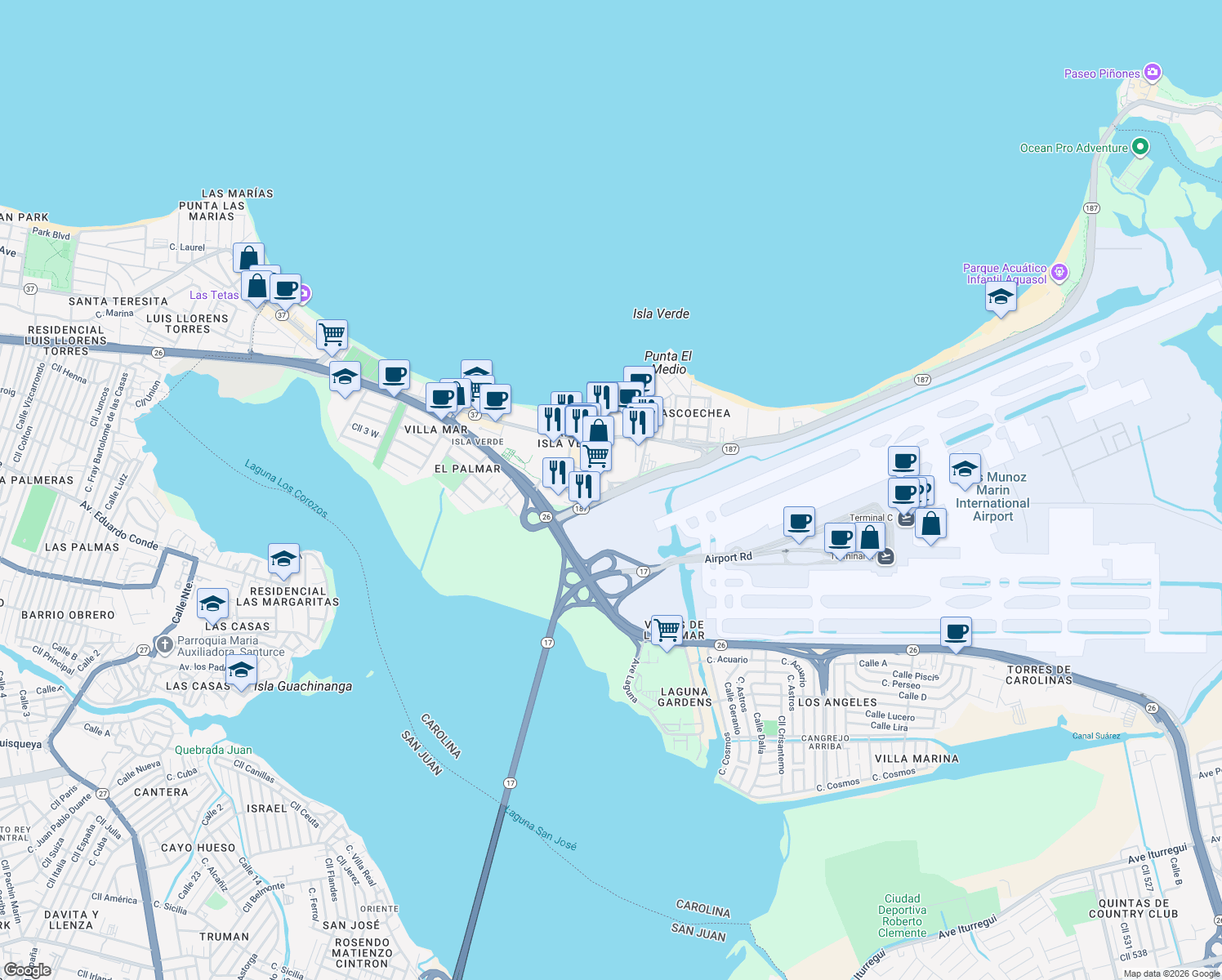 map of restaurants, bars, coffee shops, grocery stores, and more near in Carolina