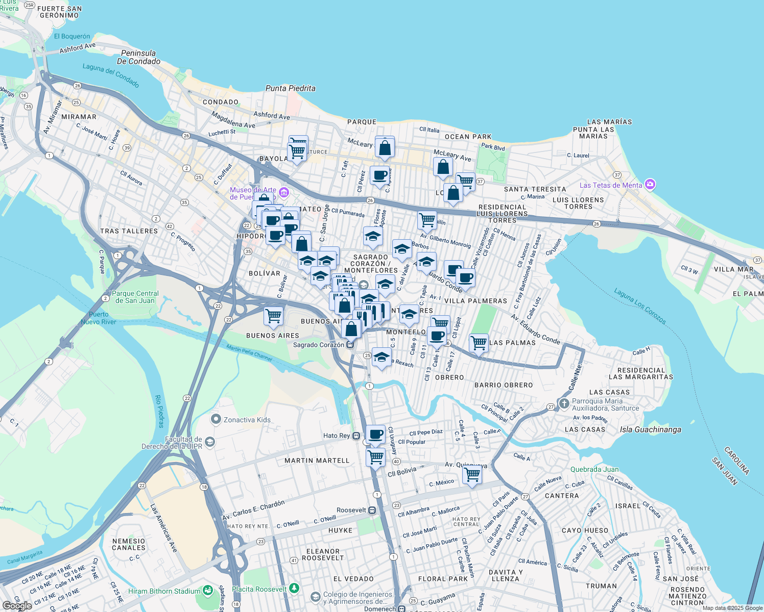 map of restaurants, bars, coffee shops, grocery stores, and more near 511-521 Cll Sagrado Corazón De Jesús in San Juan