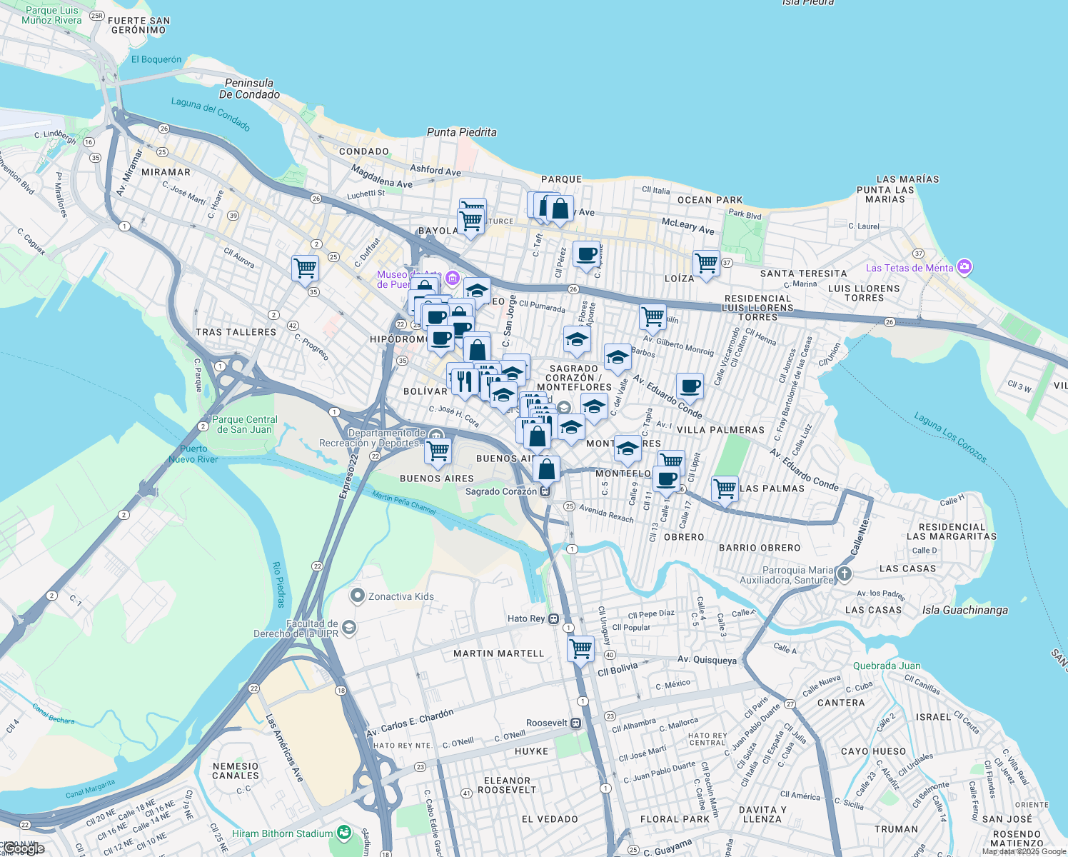 map of restaurants, bars, coffee shops, grocery stores, and more near 528 Calle J. D. Riera in San Juan