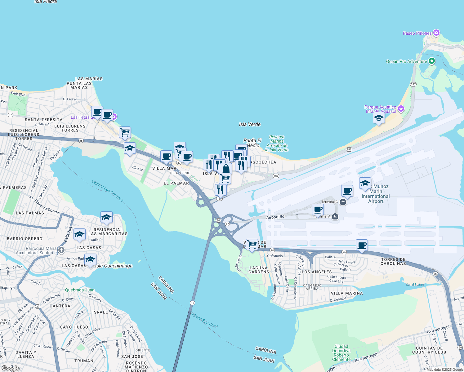 map of restaurants, bars, coffee shops, grocery stores, and more near Highway 187 in Carolina
