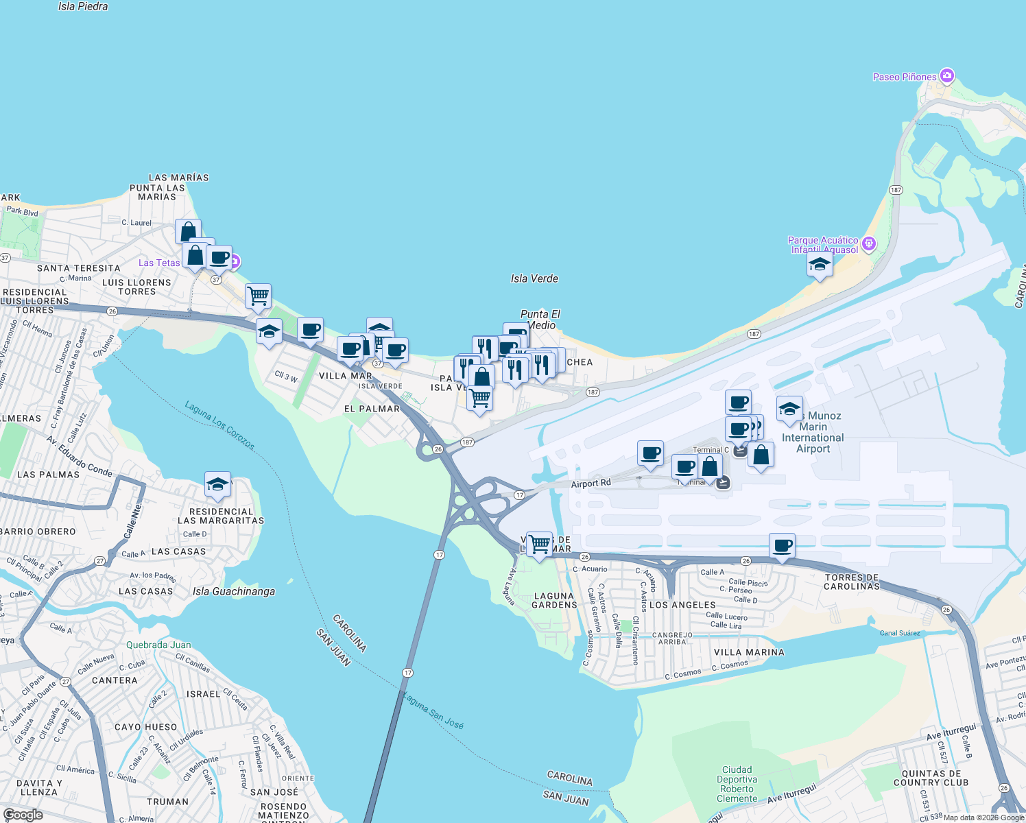 map of restaurants, bars, coffee shops, grocery stores, and more near in Carolina