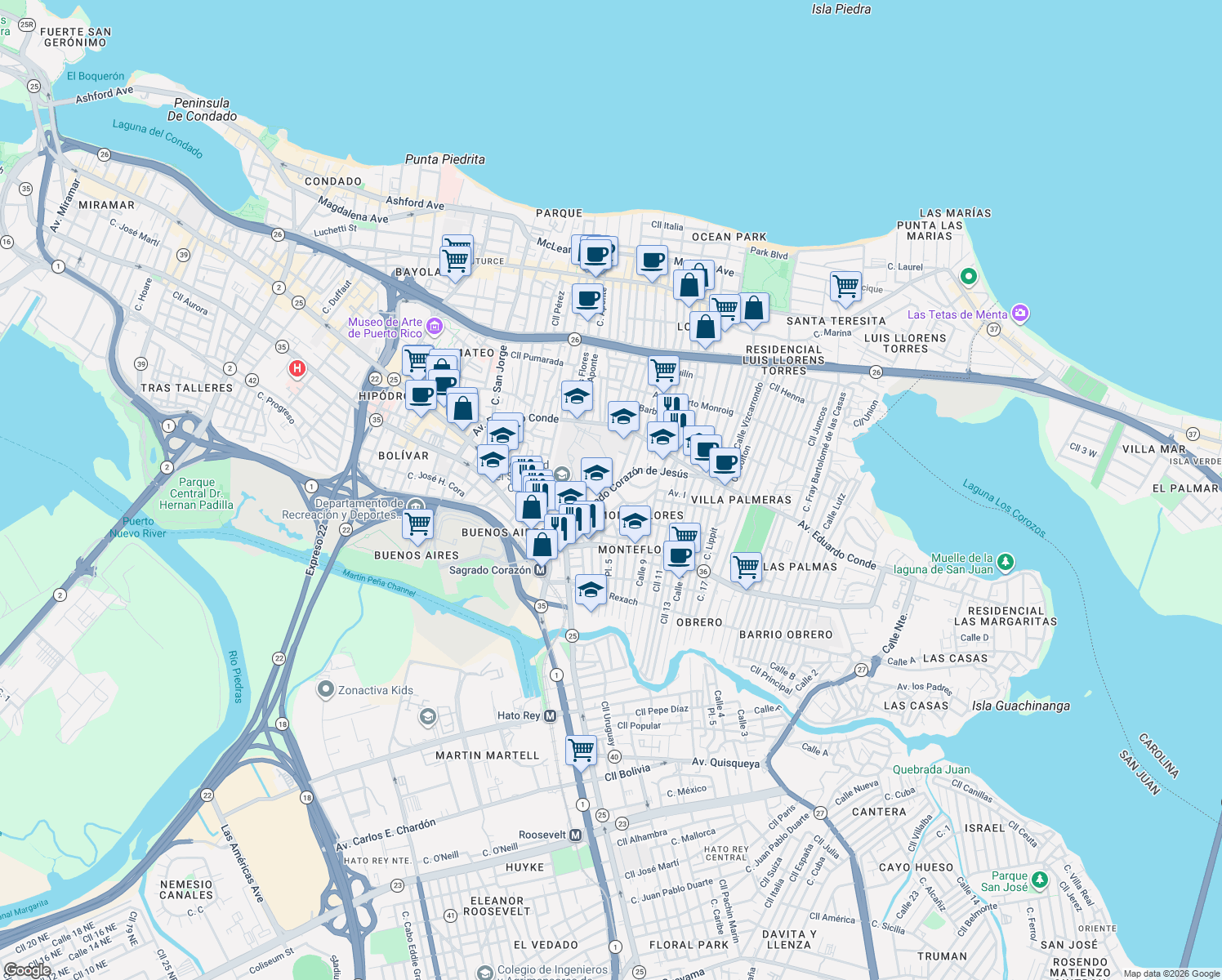 map of restaurants, bars, coffee shops, grocery stores, and more near 460-474 Calle Sagrado Corazón De Jesús in San Juan