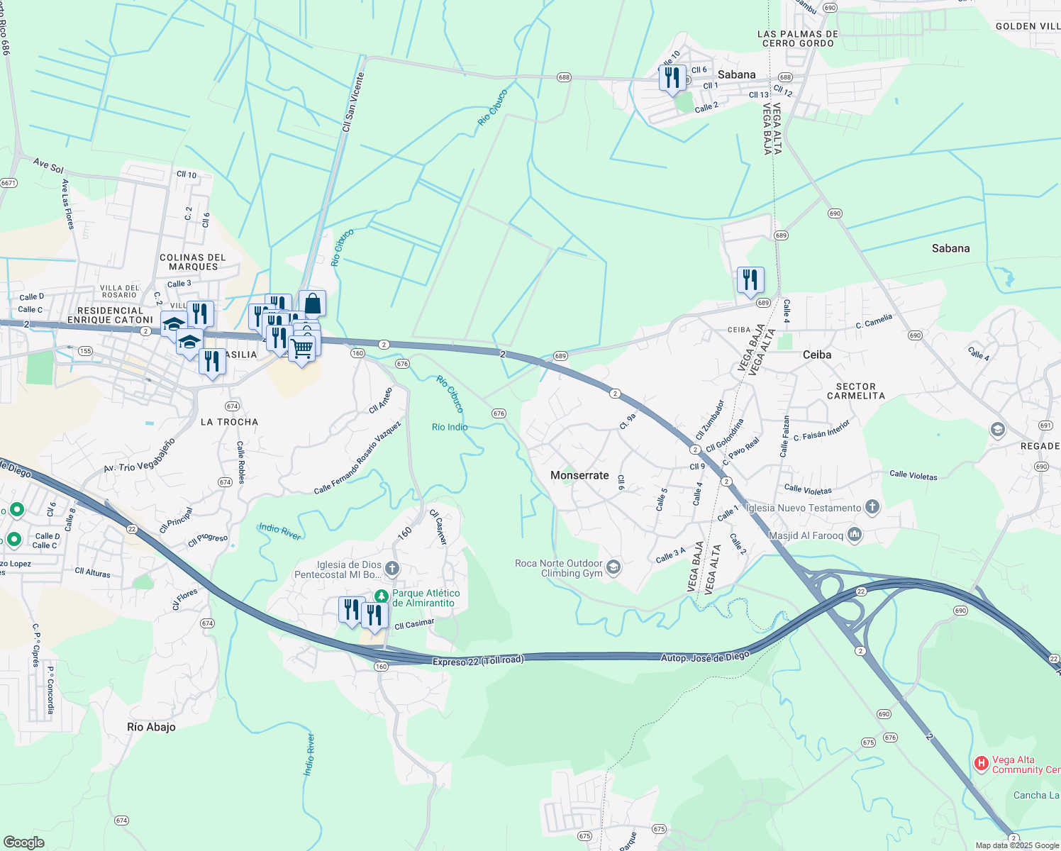 map of restaurants, bars, coffee shops, grocery stores, and more near Calle Alba in Monserrate